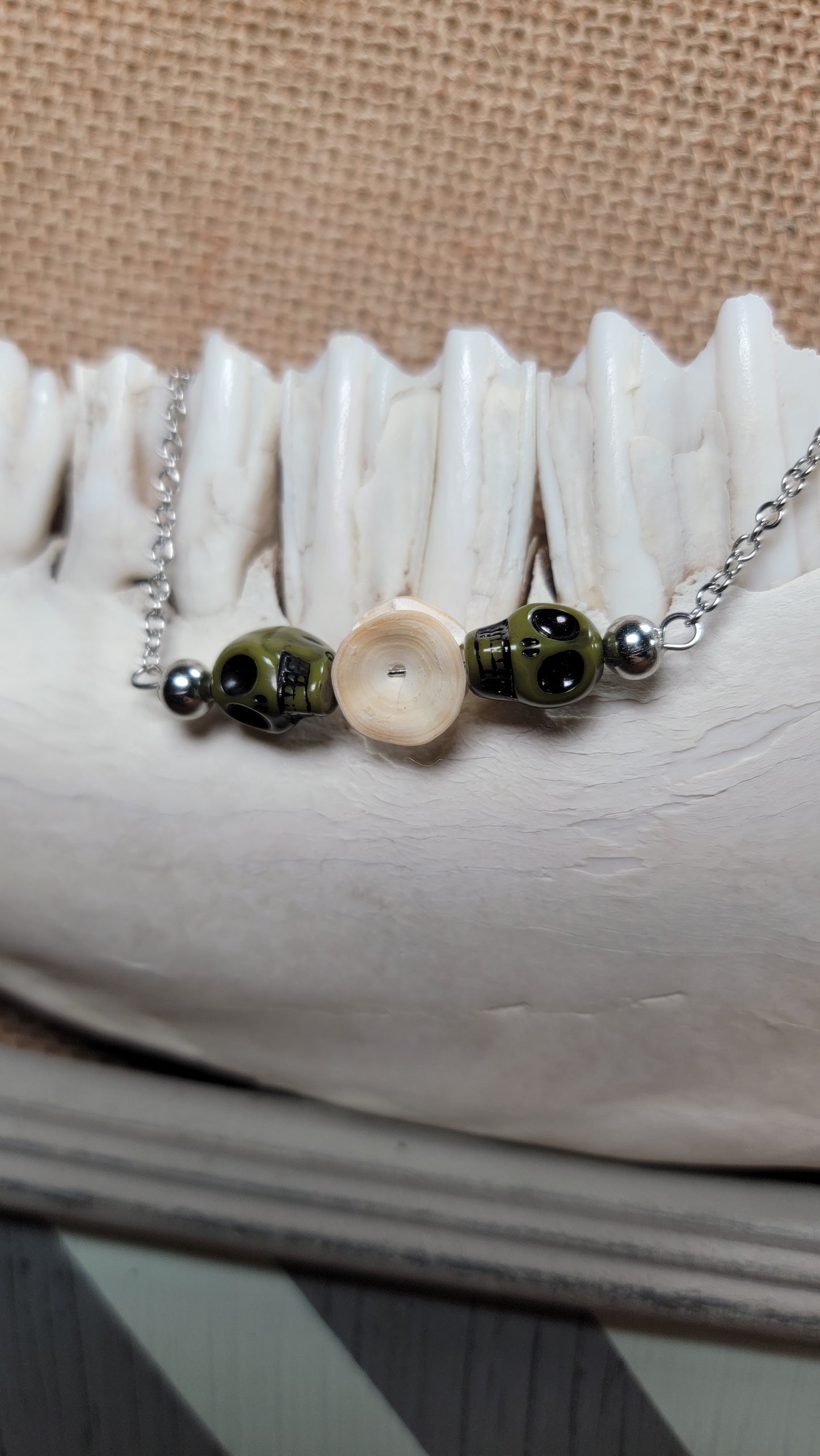 " Fish Bone with Green Skull Beads "  Bracelet