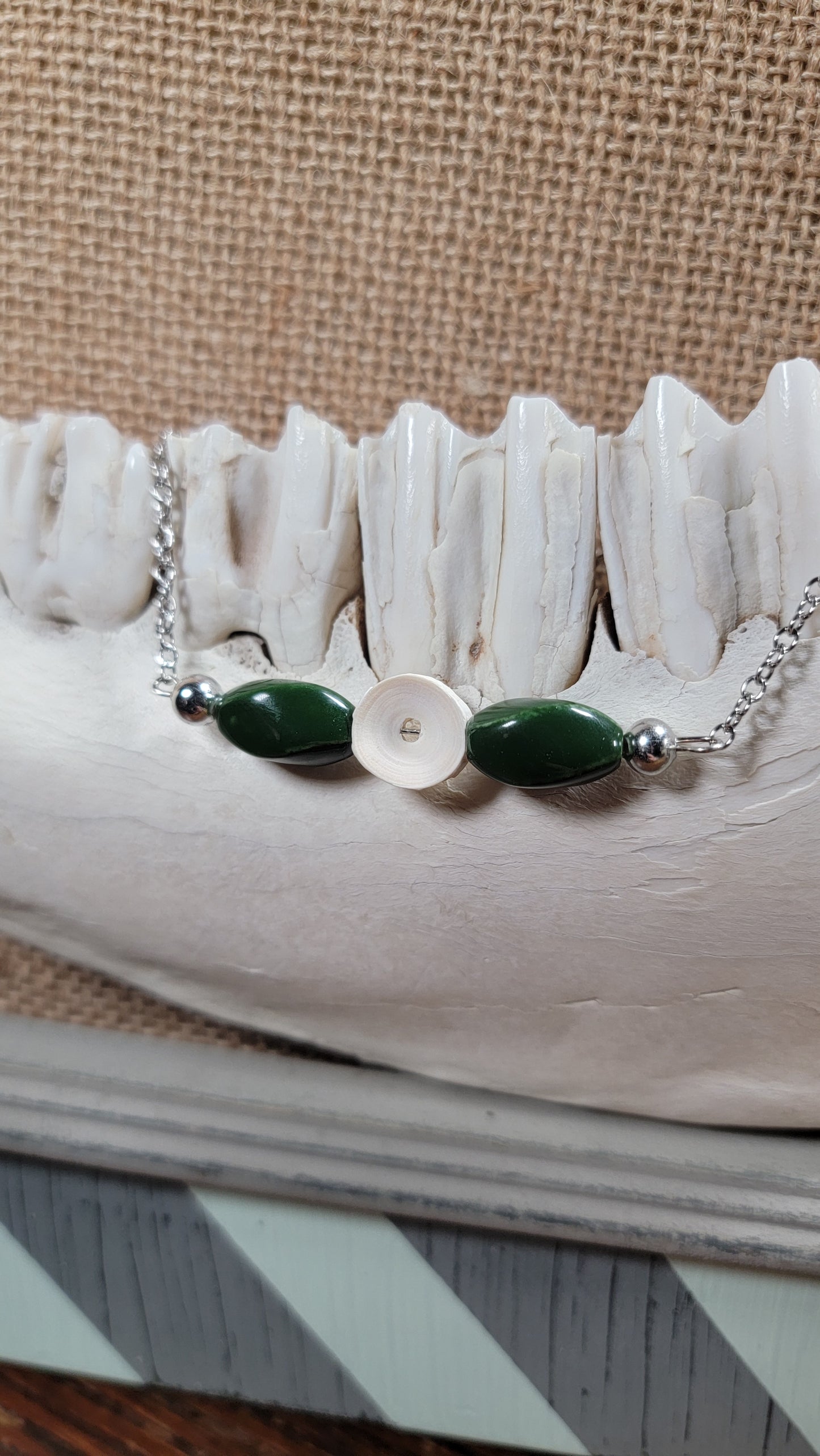 " Fish Bone with Dark Green Oval Beads "  Bracelet