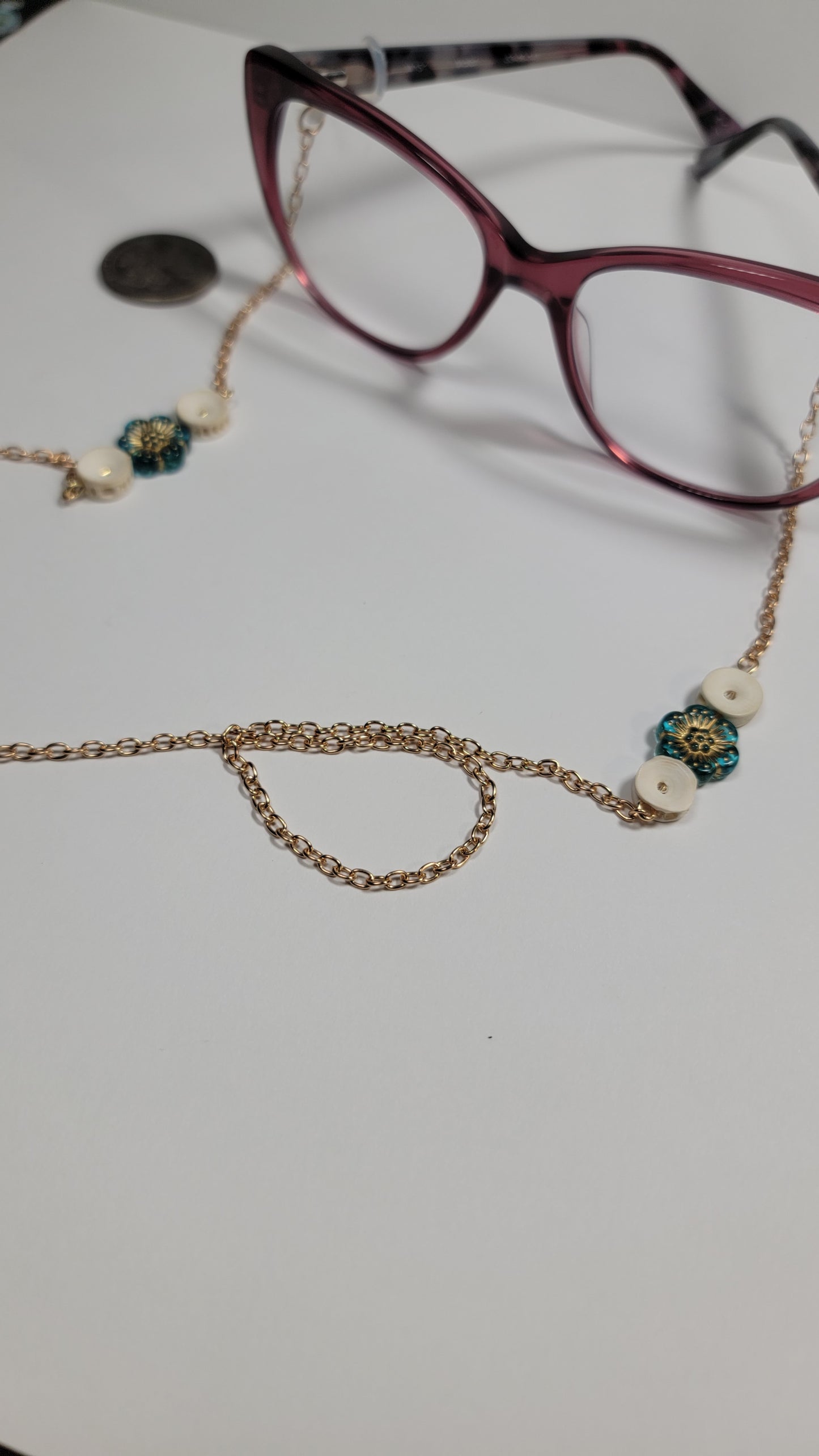 " Fish Bone and Blue Flowers" Eye Glasses Chain