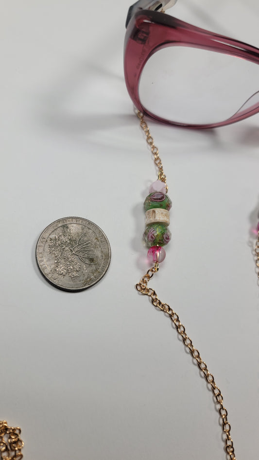 " Fish Bone and Green and Pink Flowers" Eye Glasses Chain