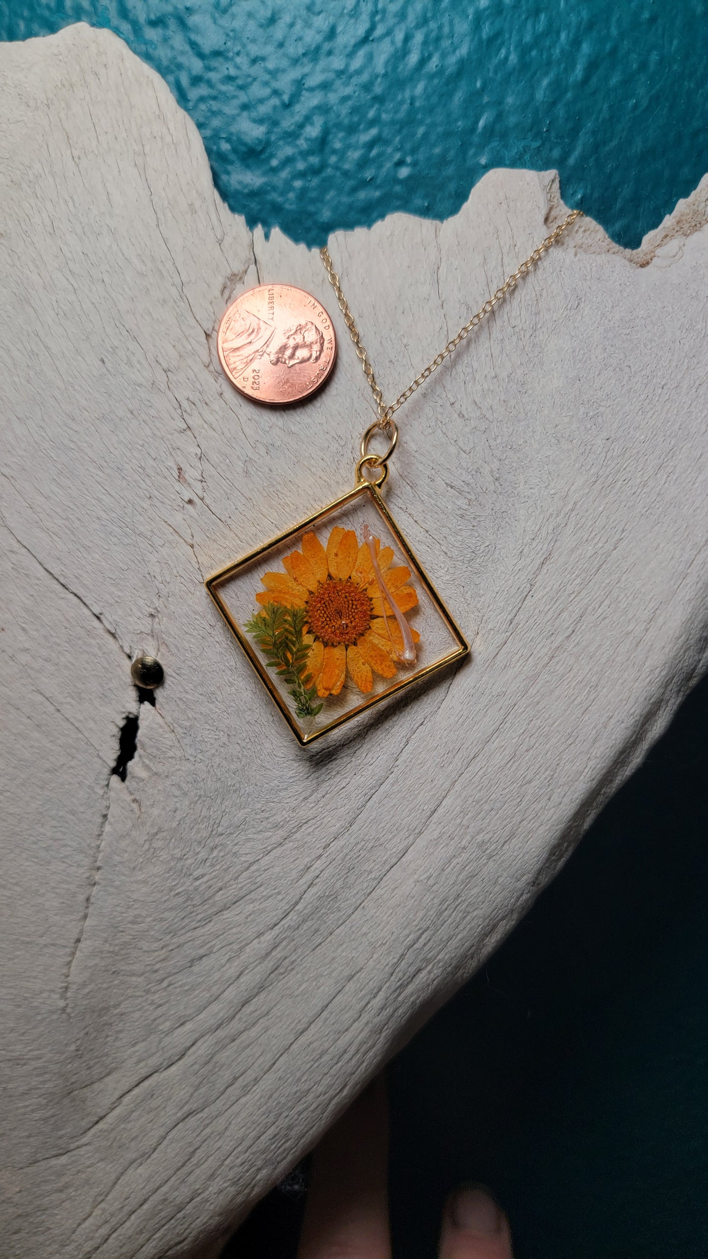 Gold Diamond and Rodent Leg and Orange Flower Necklace