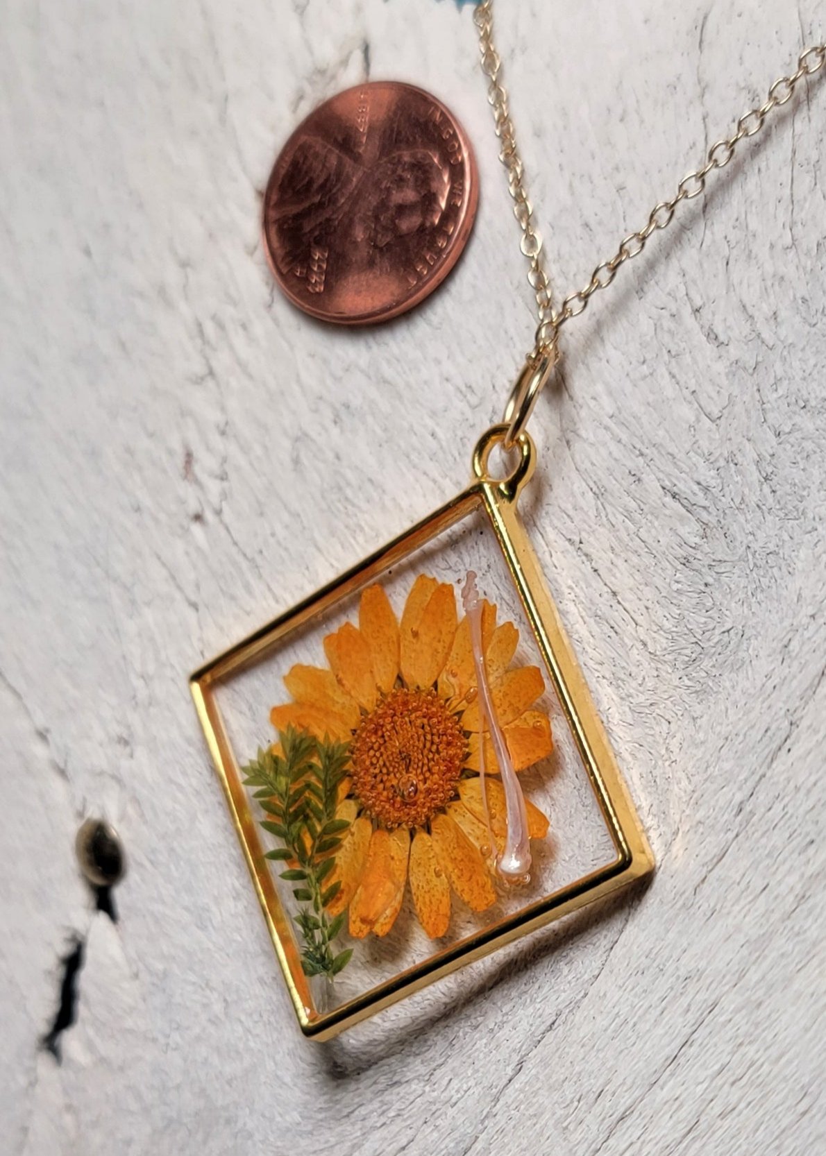 Gold Diamond and Rodent Leg and Orange Flower Necklace