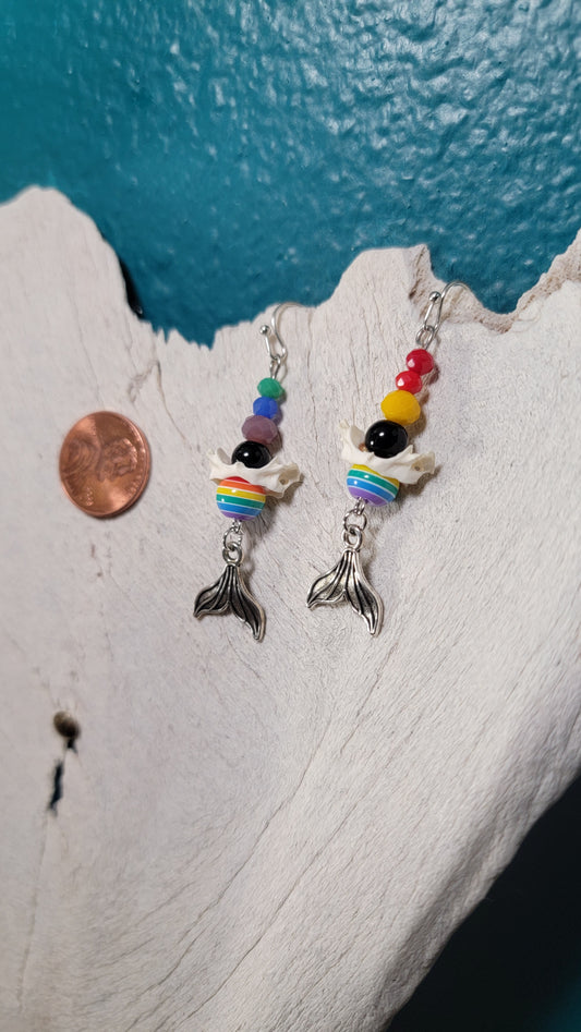 Rabbit Atlas Bone with Rainbow Beads and Mermaid Tail Charm Earrings