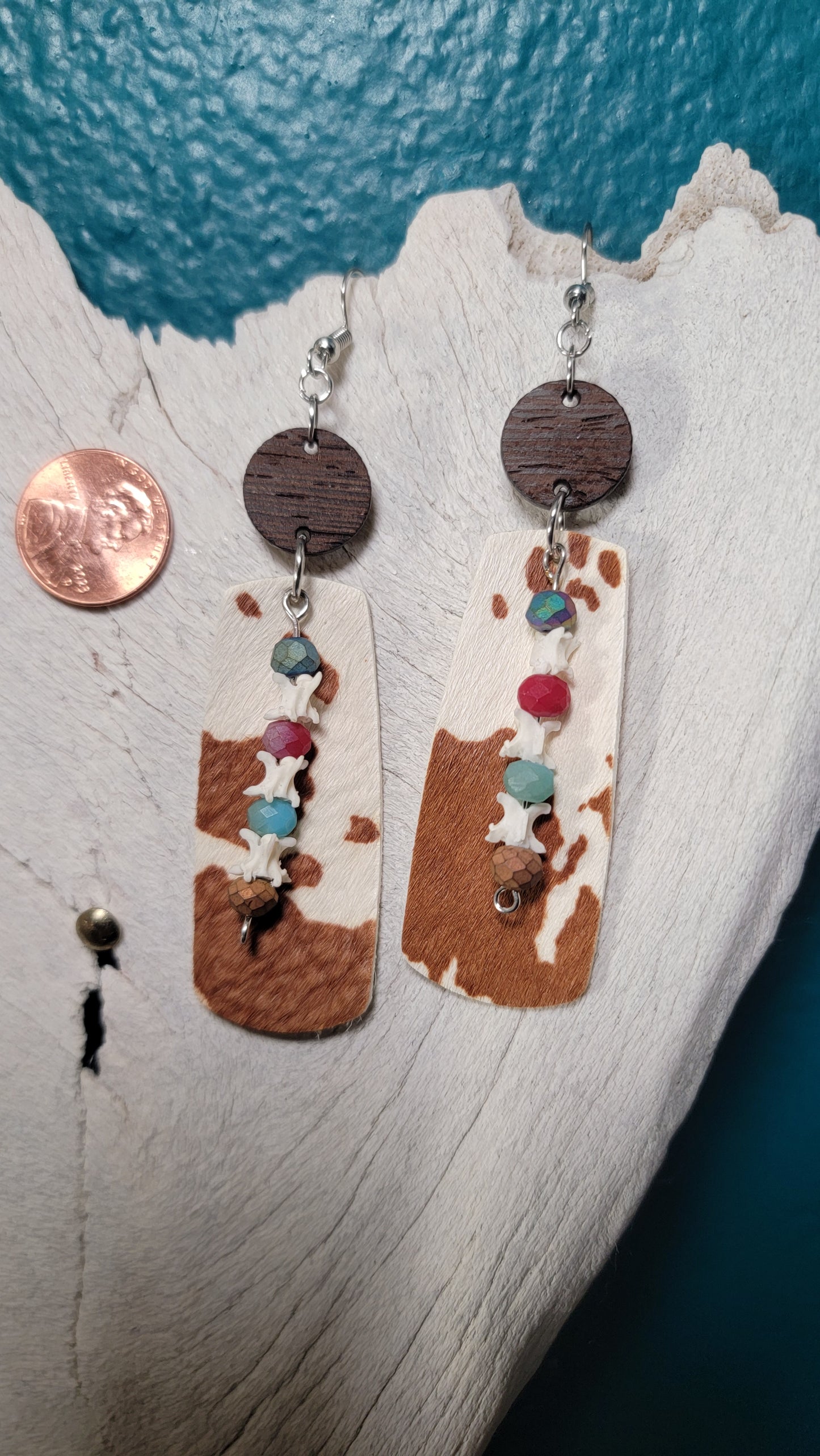 Western Cow Print and Rattlesnake Vertebrae Earrings