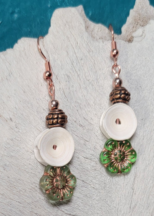 Rose Gold Green Flowers and Fish Bone Earrings