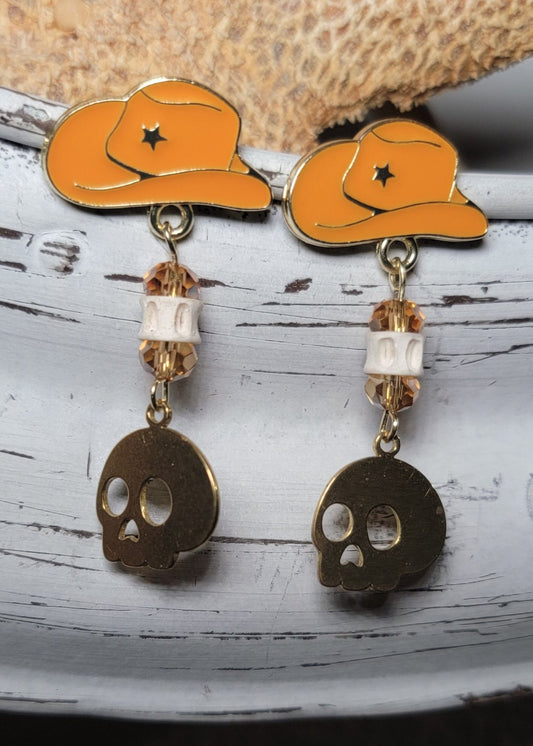 Orange Hat with Skull and Shark Bone Earrings