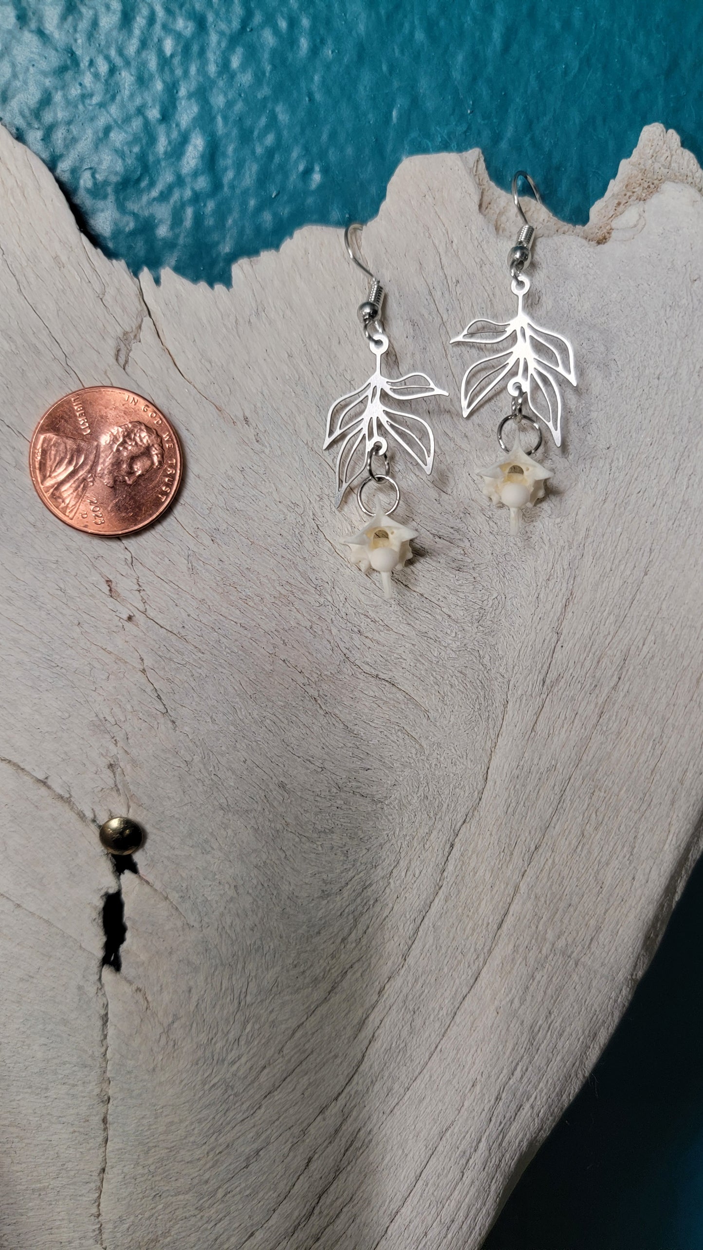 Minimalist Silver on Floral Drop with Rattlesnake Vertebrae Earrings