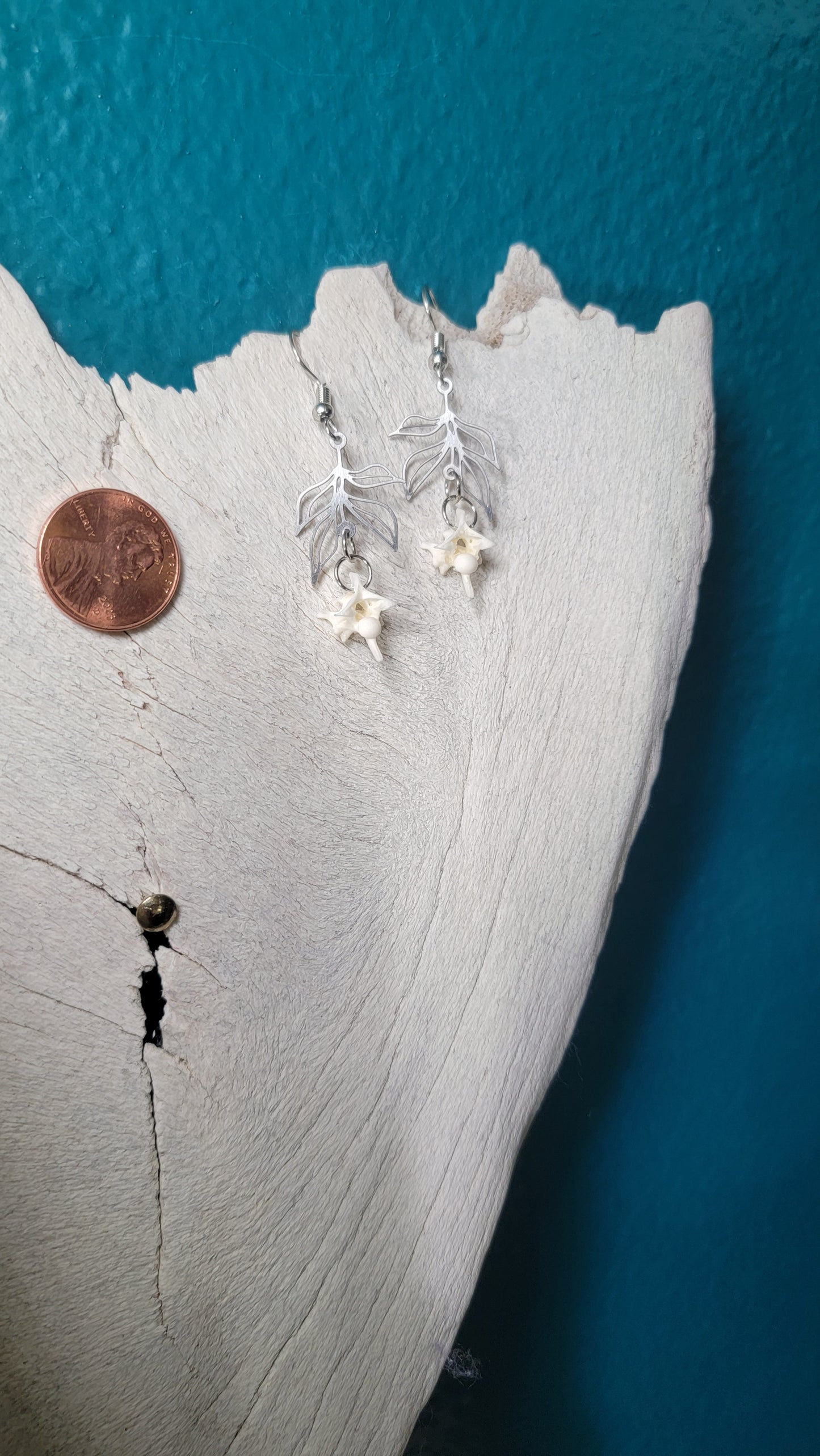 Minimalist Silver on Floral Drop with Rattlesnake Vertebrae Earrings