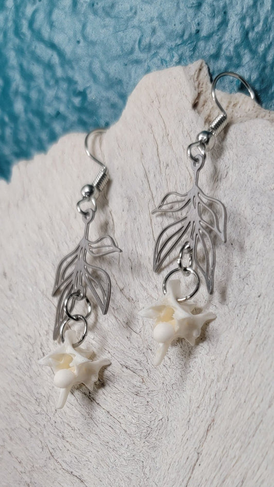 Minimalist Silver on Floral Drop with Rattlesnake Vertebrae Earrings