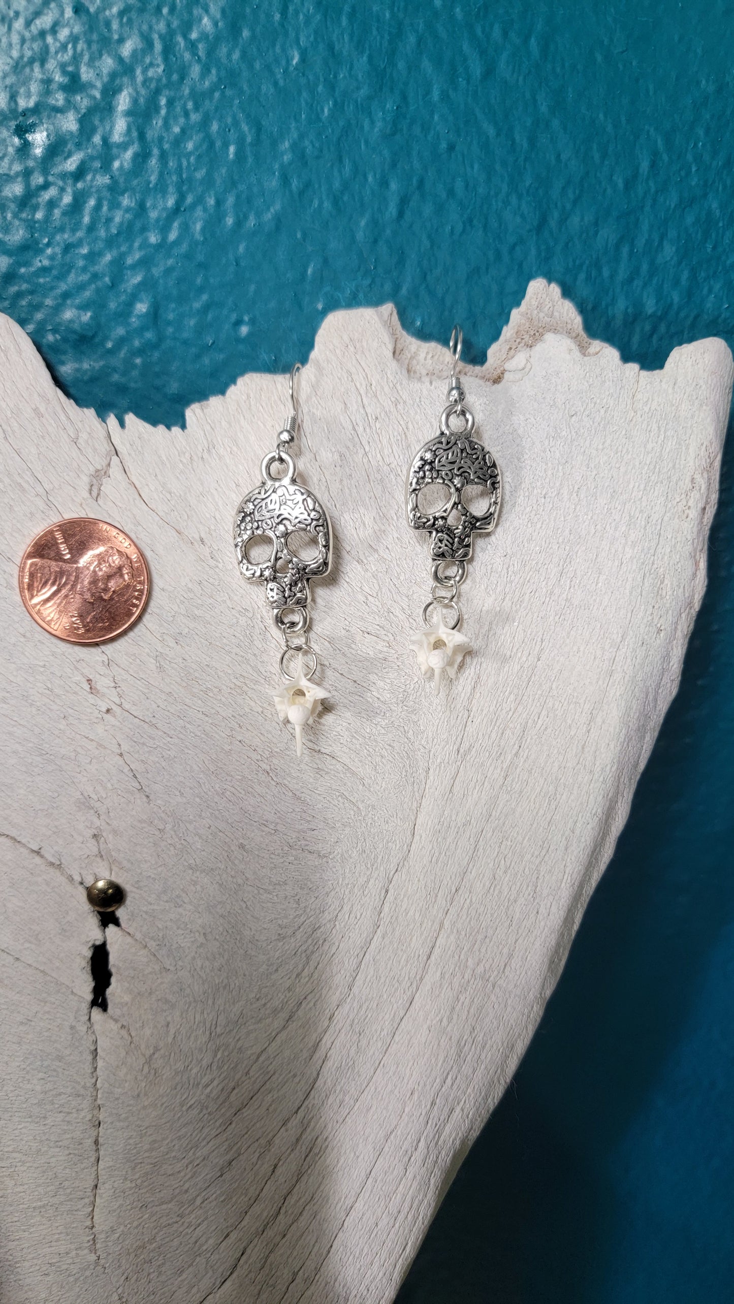 Minimalist Silver with Silver Skull  and Rattlesnake Vertebrae Earrings