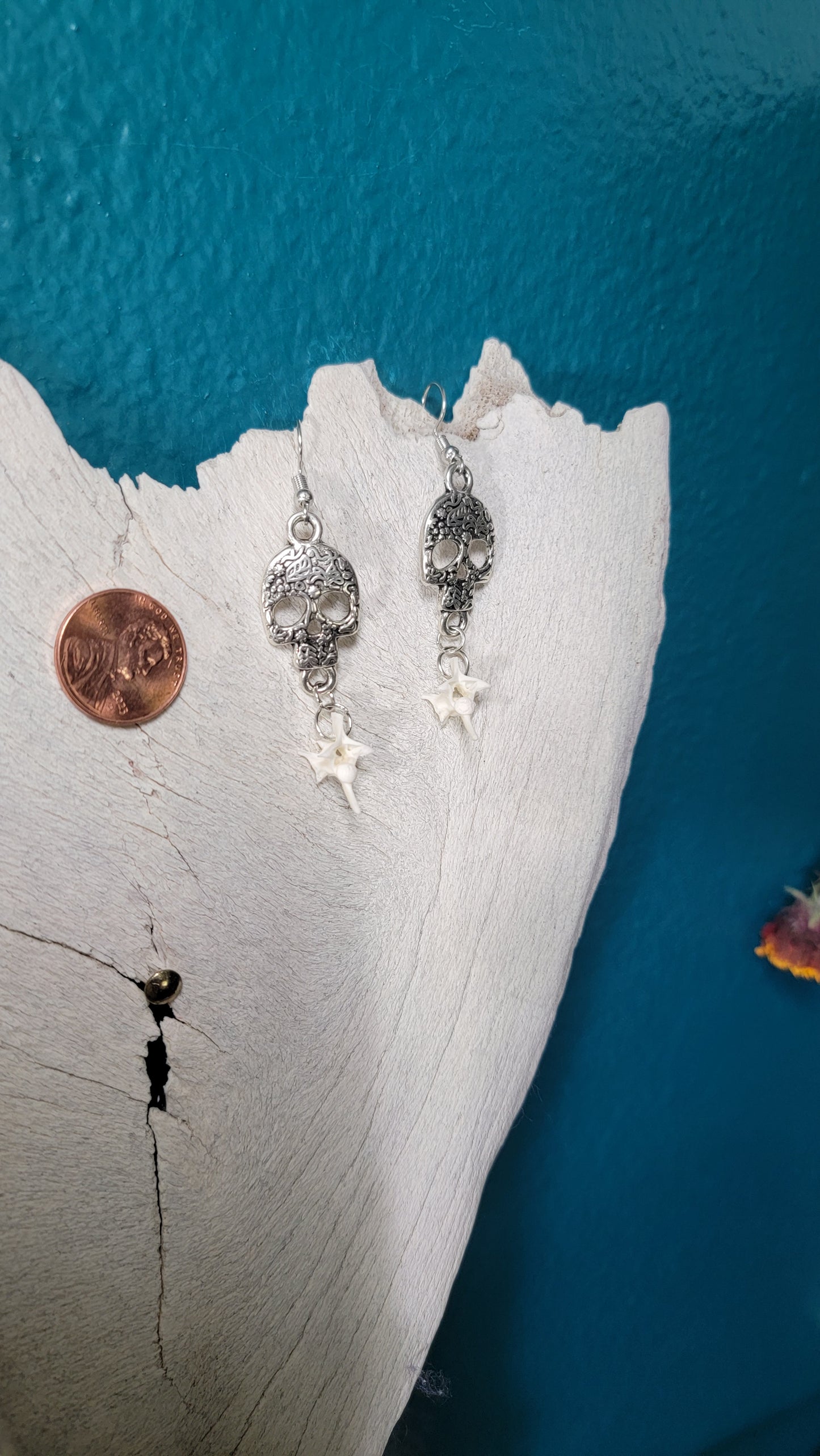 Minimalist Silver with Silver Skull  and Rattlesnake Vertebrae Earrings