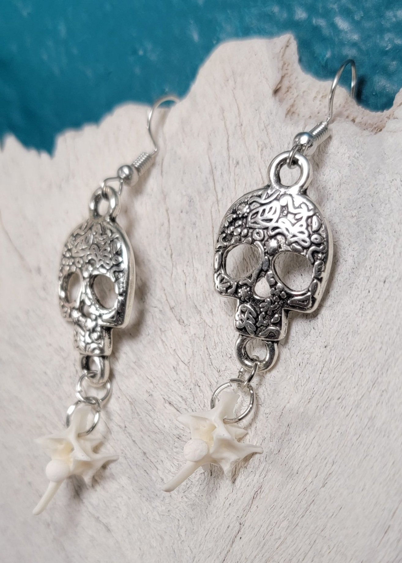 Minimalist Silver with Silver Skull  and Rattlesnake Vertebrae Earrings