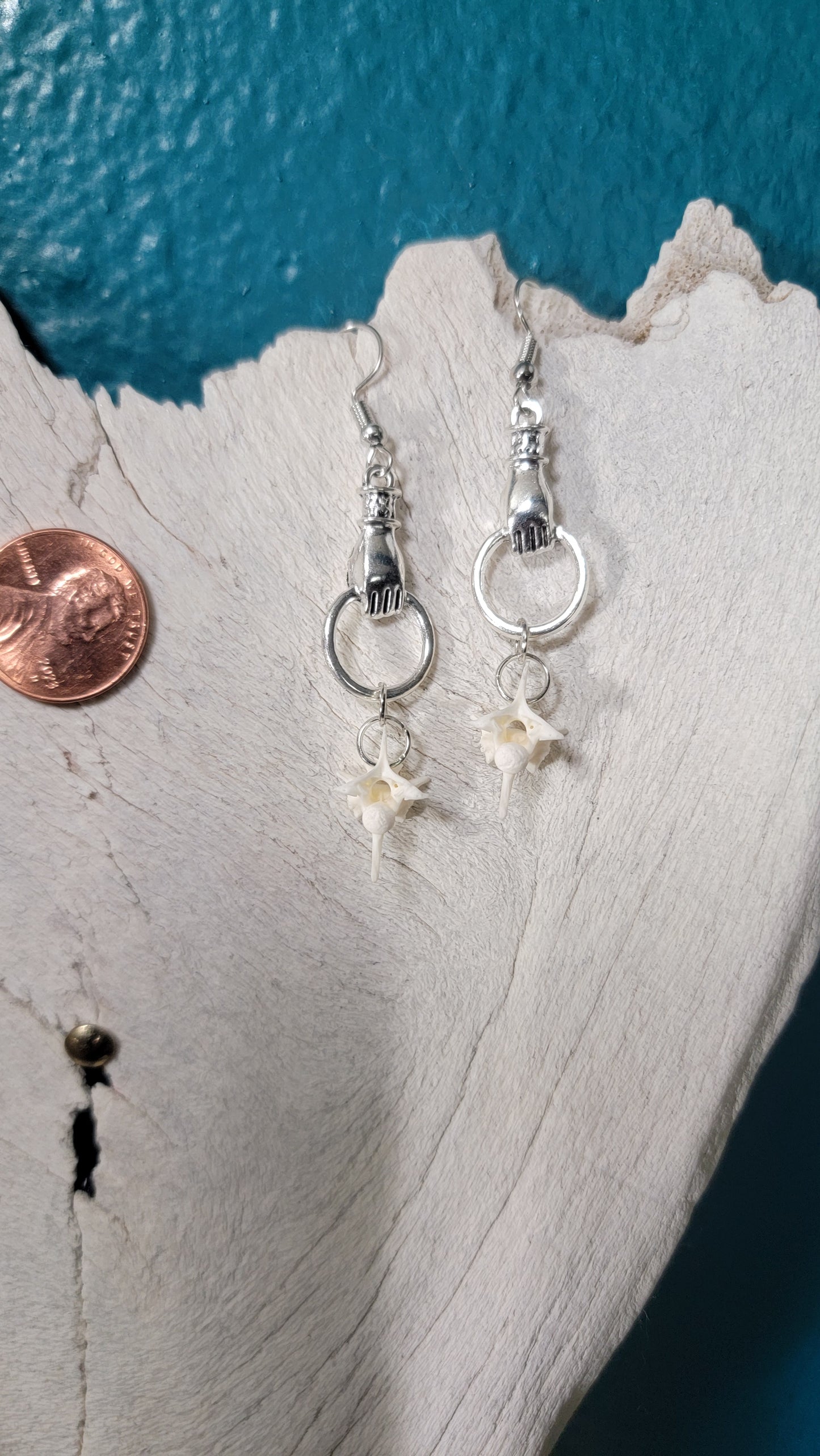 Minimalist Silver Hand and Rattlesnake Vertebrae Earrings