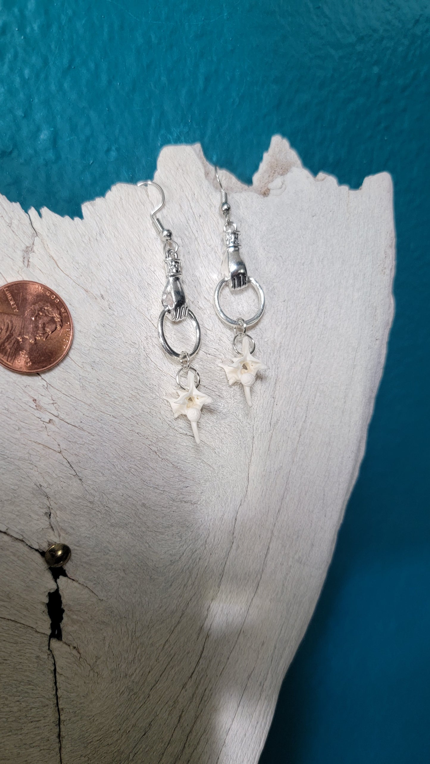 Minimalist Silver Hand and Rattlesnake Vertebrae Earrings