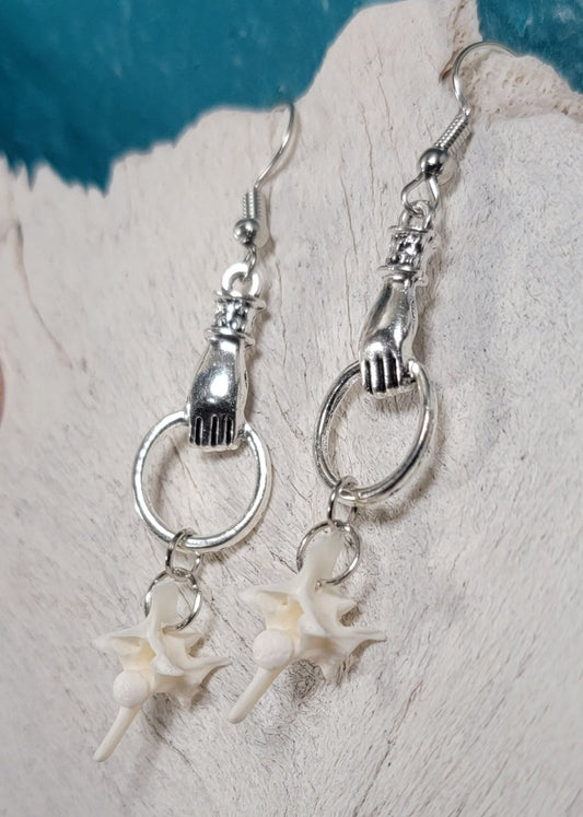 Minimalist Silver Hand and Rattlesnake Vertebrae Earrings