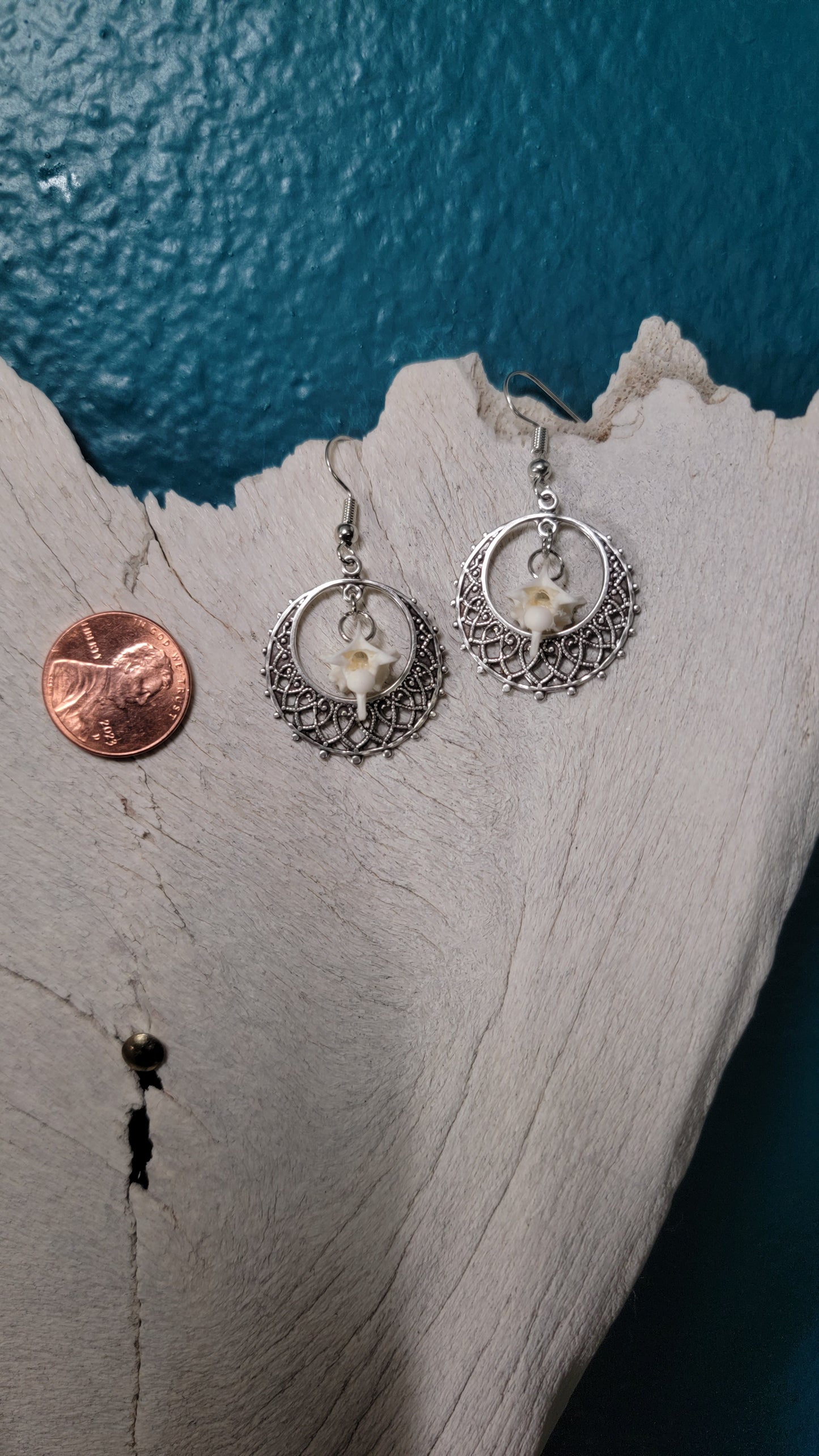 Ornate Silver Hoops and Rattlesnake Vertebrae Earrings