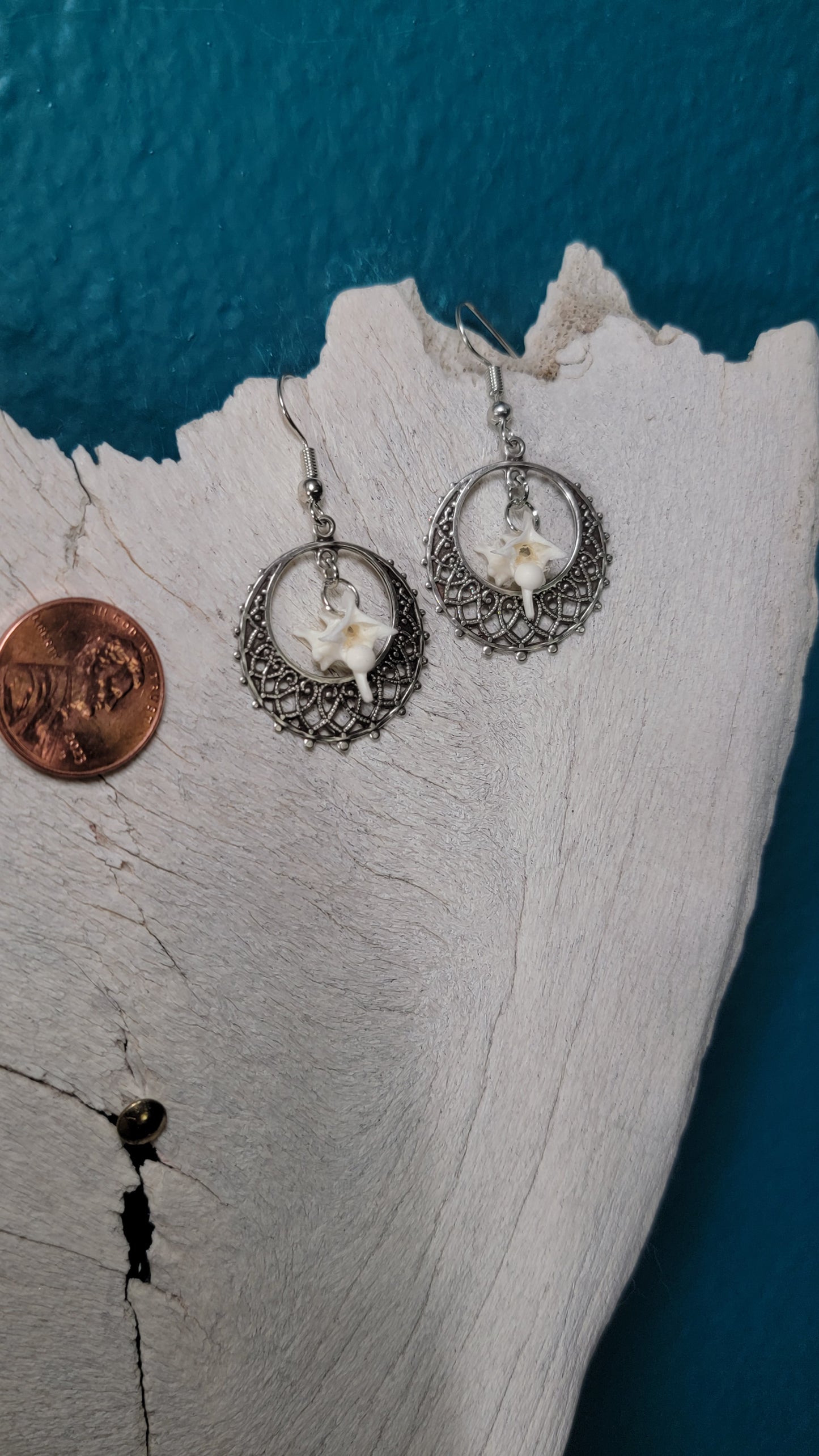 Ornate Silver Hoops and Rattlesnake Vertebrae Earrings