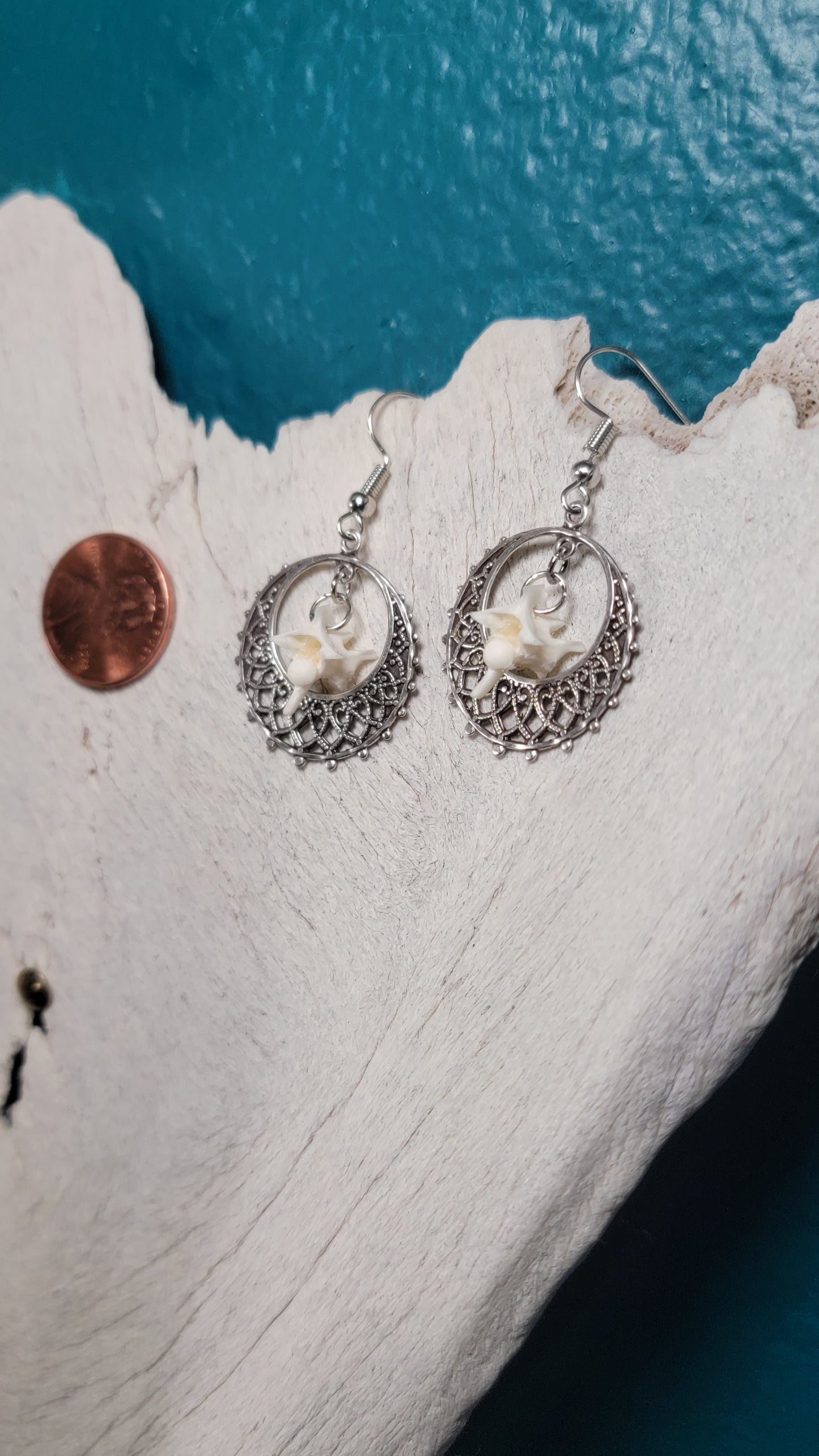 Ornate Silver Hoops and Rattlesnake Vertebrae Earrings