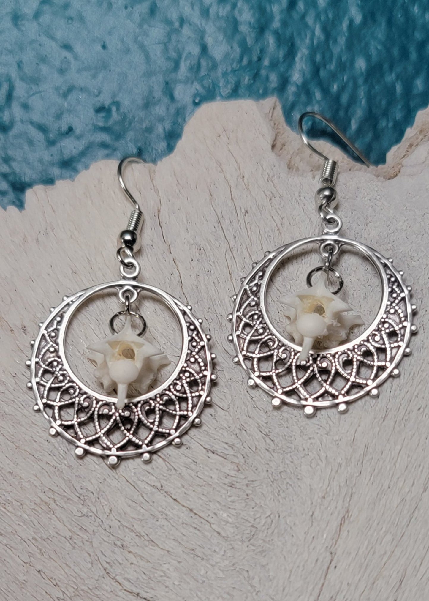 Ornate Silver Hoops and Rattlesnake Vertebrae Earrings