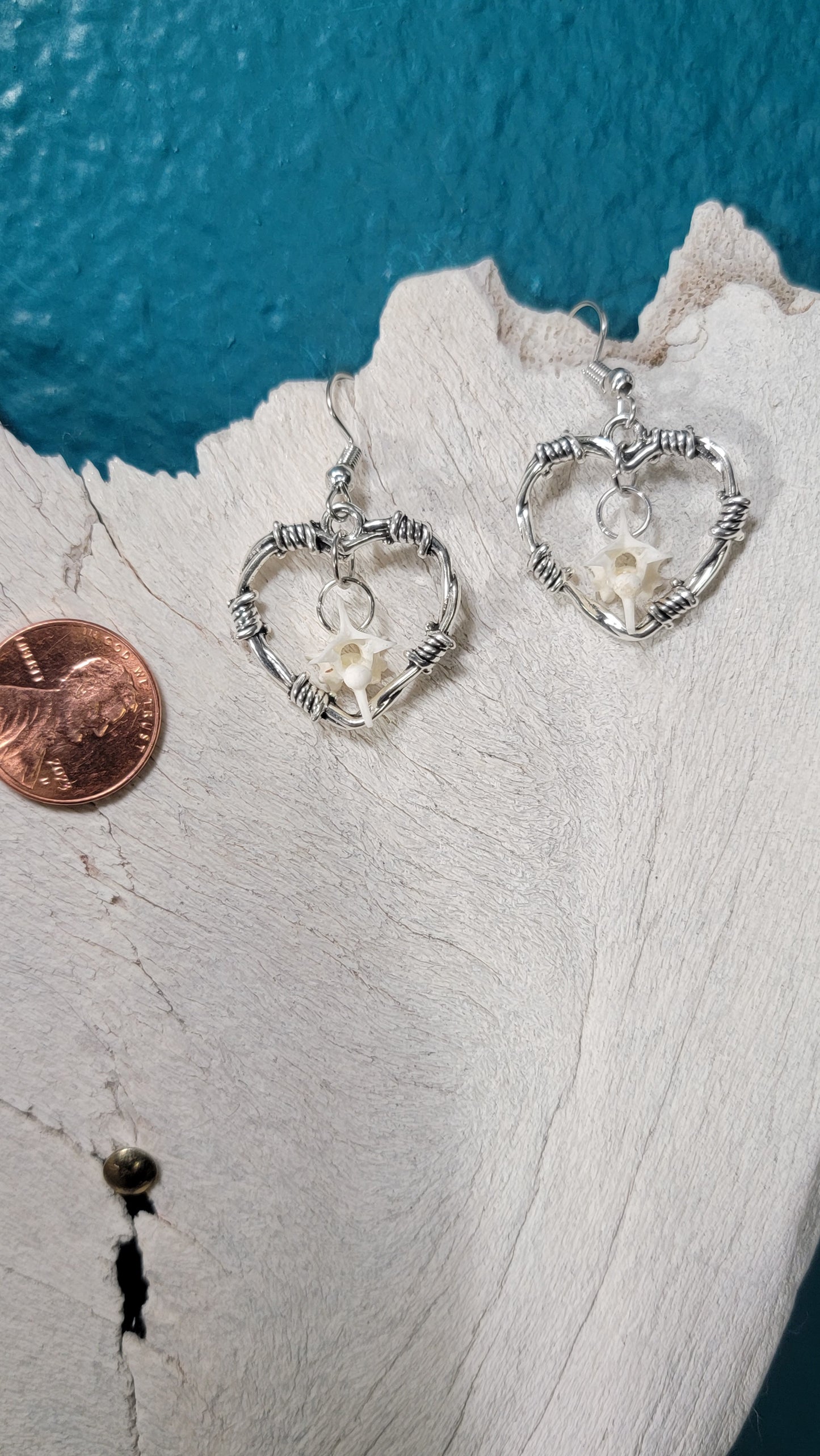 Silver Wired Hearts and Rattlesnake Vertebrae Earrings