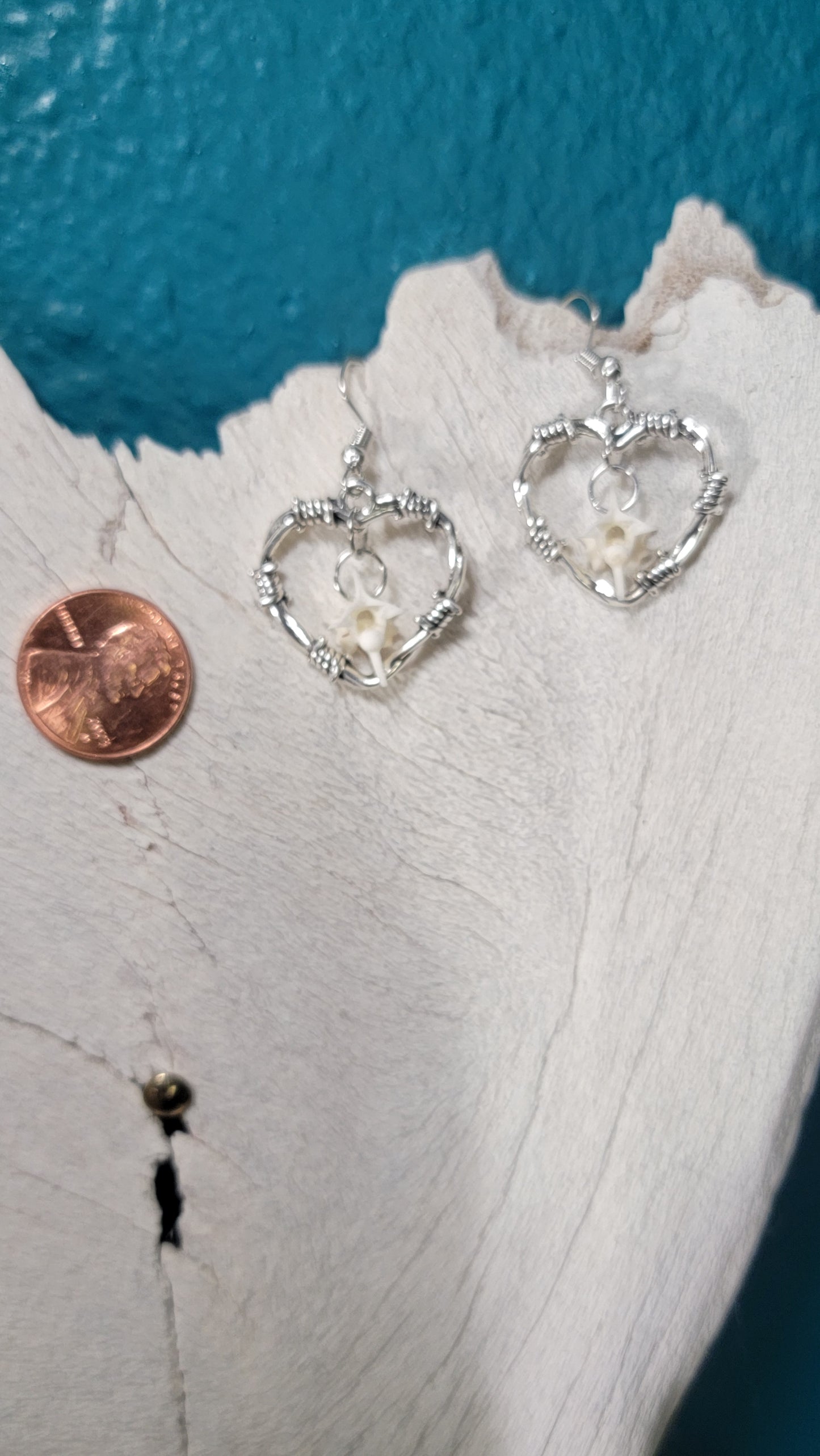 Silver Wired Hearts and Rattlesnake Vertebrae Earrings