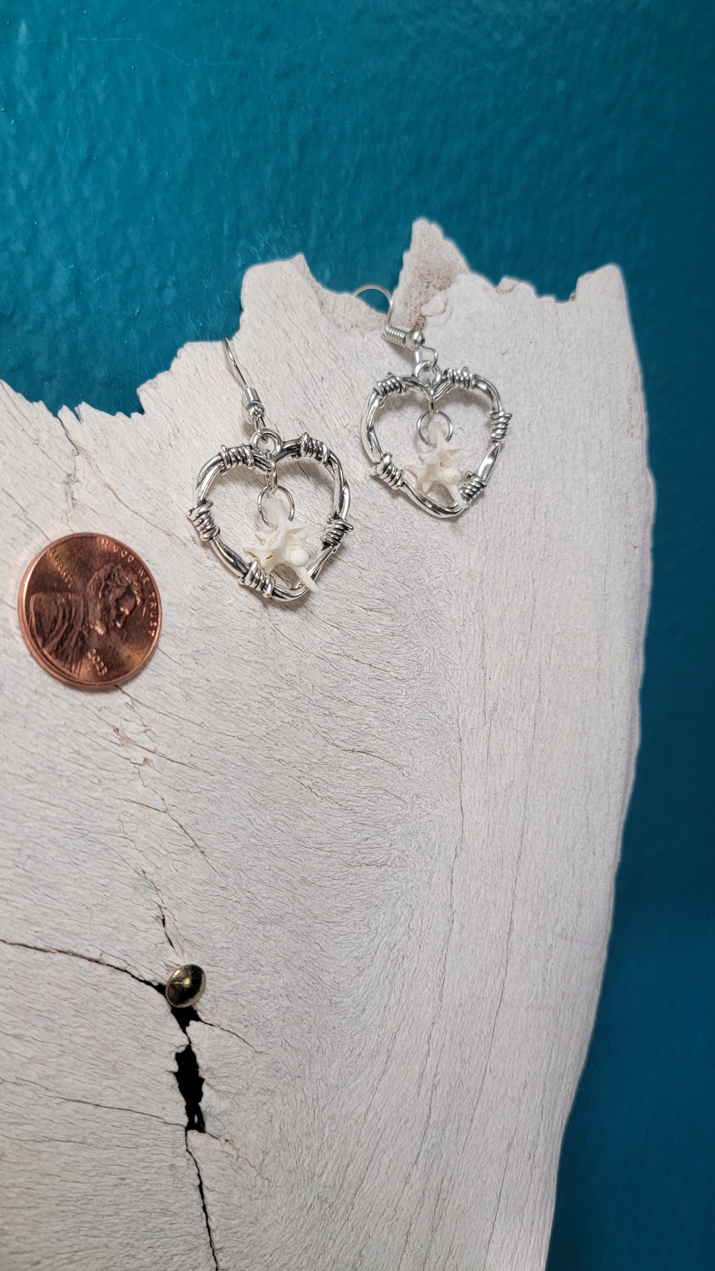 Silver Wired Hearts and Rattlesnake Vertebrae Earrings