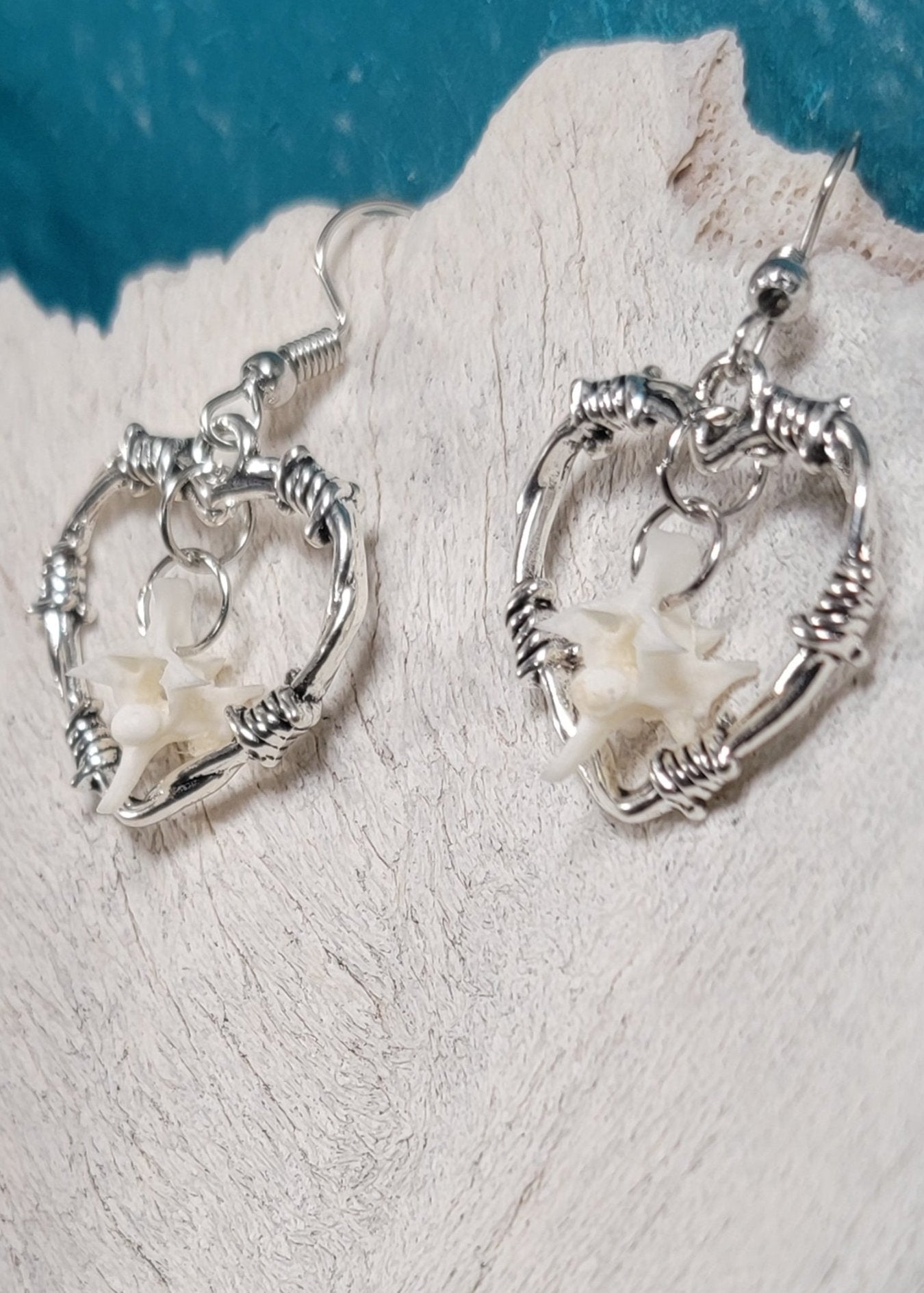 Silver Wired Hearts and Rattlesnake Vertebrae Earrings