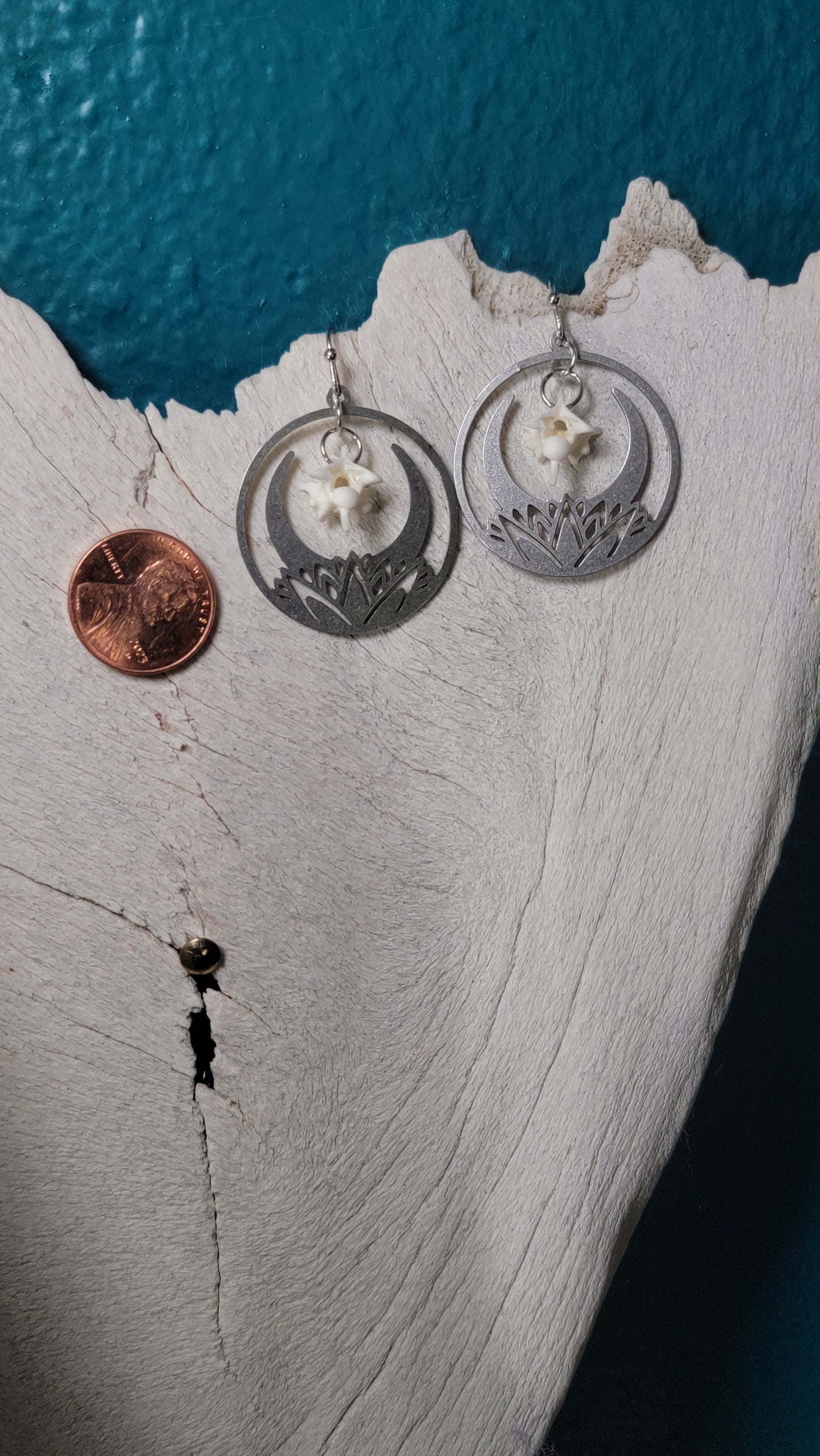 Silver Lotus Flower and Rattlesnake Vertebrae Earrings