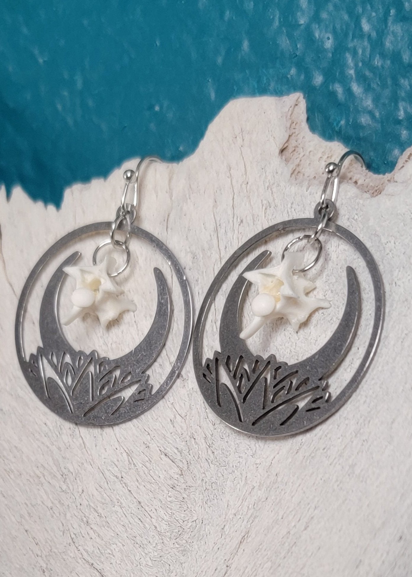 Silver Lotus Flower and Rattlesnake Vertebrae Earrings