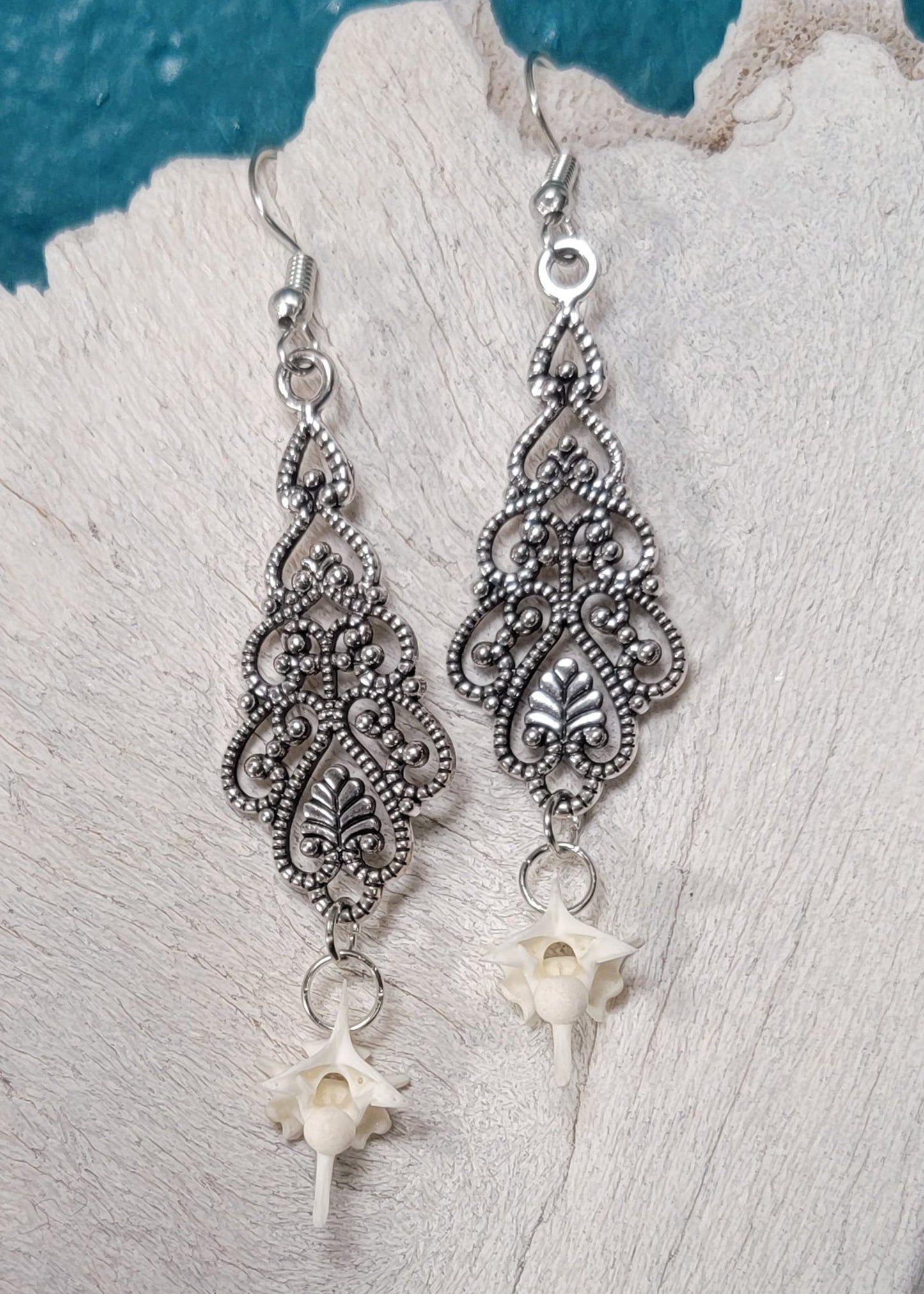 Silver Ornate Drop with Rattlesnake Vertebra  Earrings