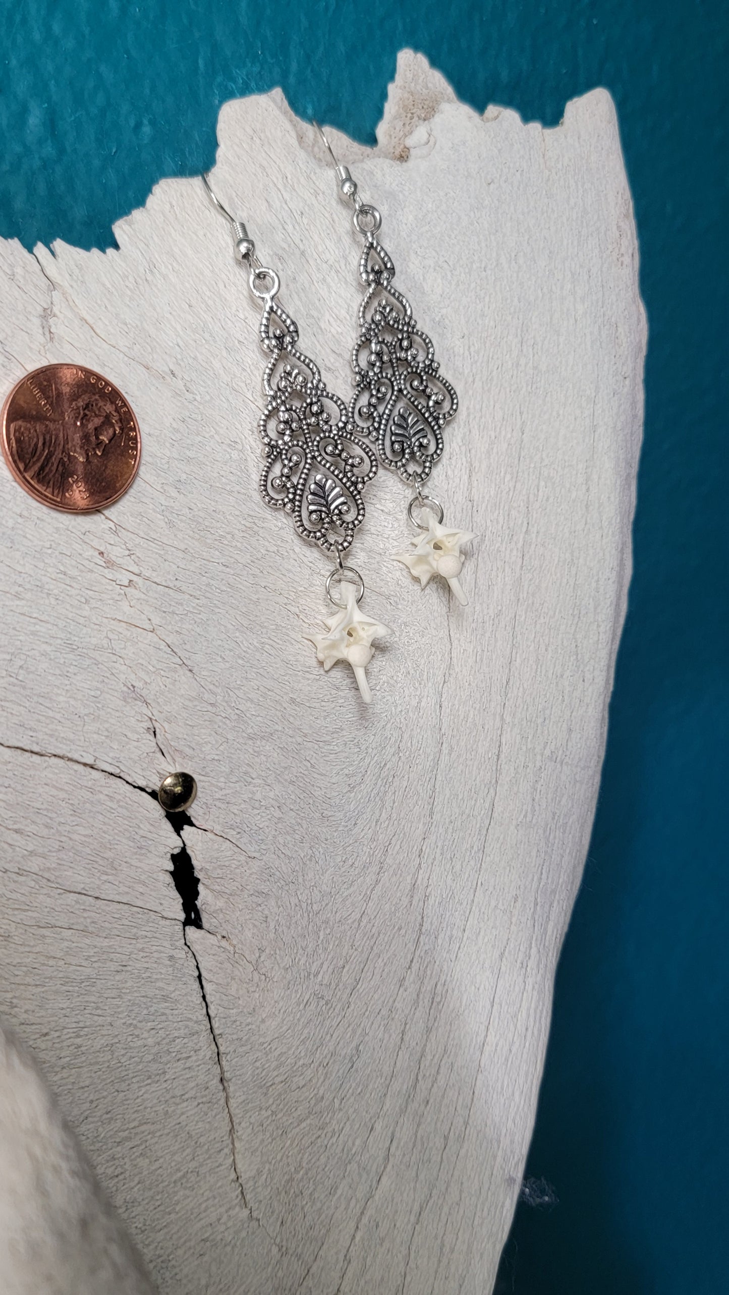 Silver Ornate Drop with Rattlesnake Vertebra  Earrings