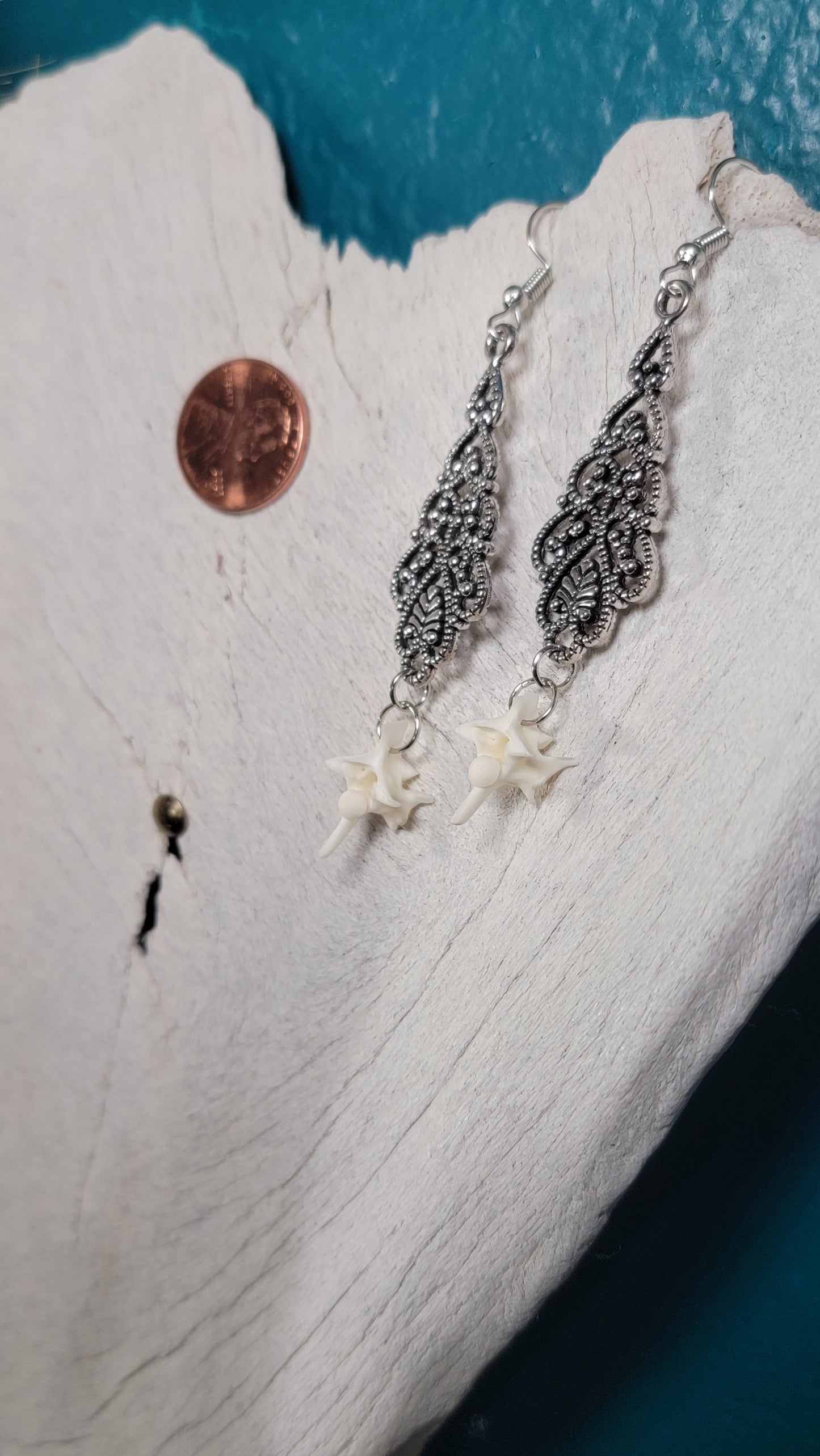 Silver Ornate Drop with Rattlesnake Vertebra  Earrings