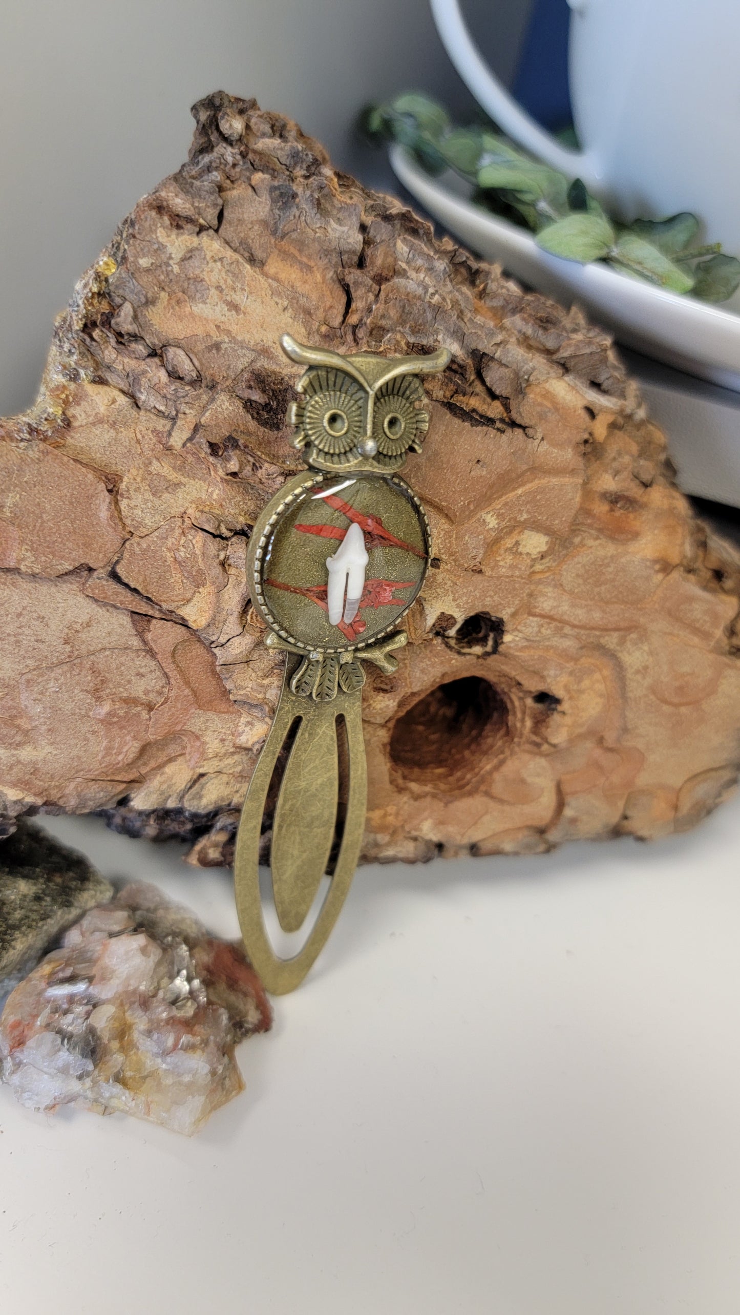 "Antique Gold Owl with Raccon Tooth" Small Bookmark