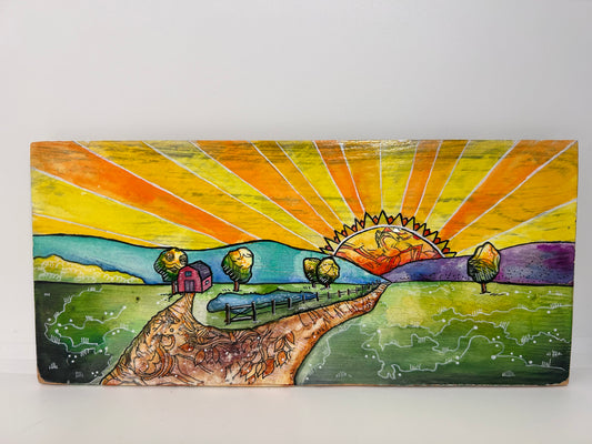 " Sun Rise " Mixed Media Wood Panel Board Wall Art