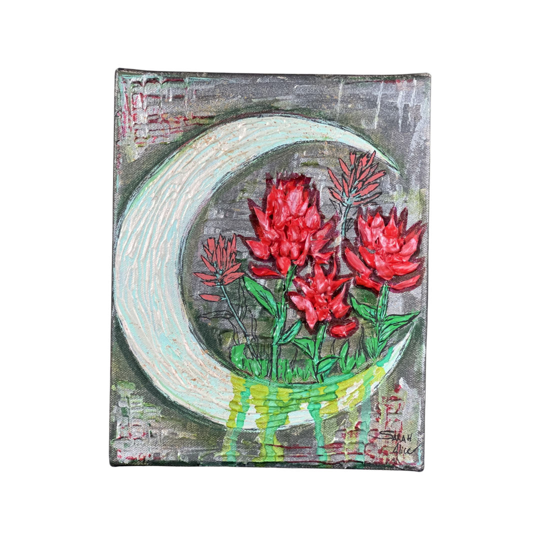 Original Textured Painting  Indian Paintbrush looks like it is sitting on the moon  Indian Paintbrush is the State flower of Wyoming  Dark gray sparkly background with color and textures in the corner.  Textured Paintbrush along with non-textured Paintbrush. Green from the stems drips down from the flowers over the moon  Canvas wrapped on wooden frame  D-ring and wire attached for hanging  8" Long x 10" high x 2" wide