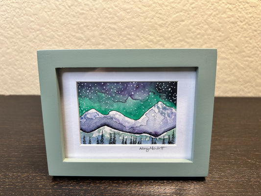 " Starry Night" Original Watercolor Miniature in Sage Green Frame