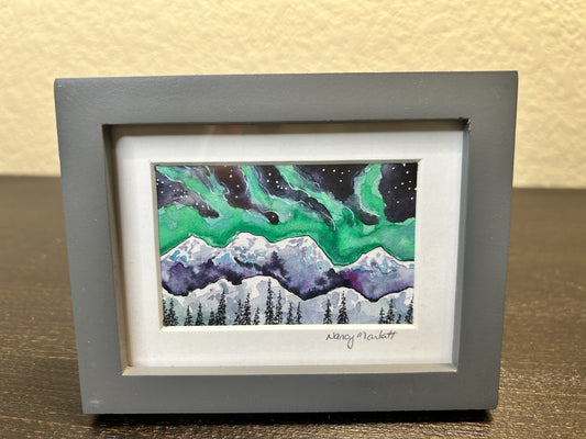 " Northern Lights" Original Watercolor Miniature in Grey Frame