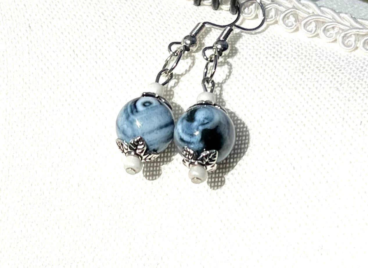 " Blue Agate and Silver, Feather Pendant " Necklace And Earring Set