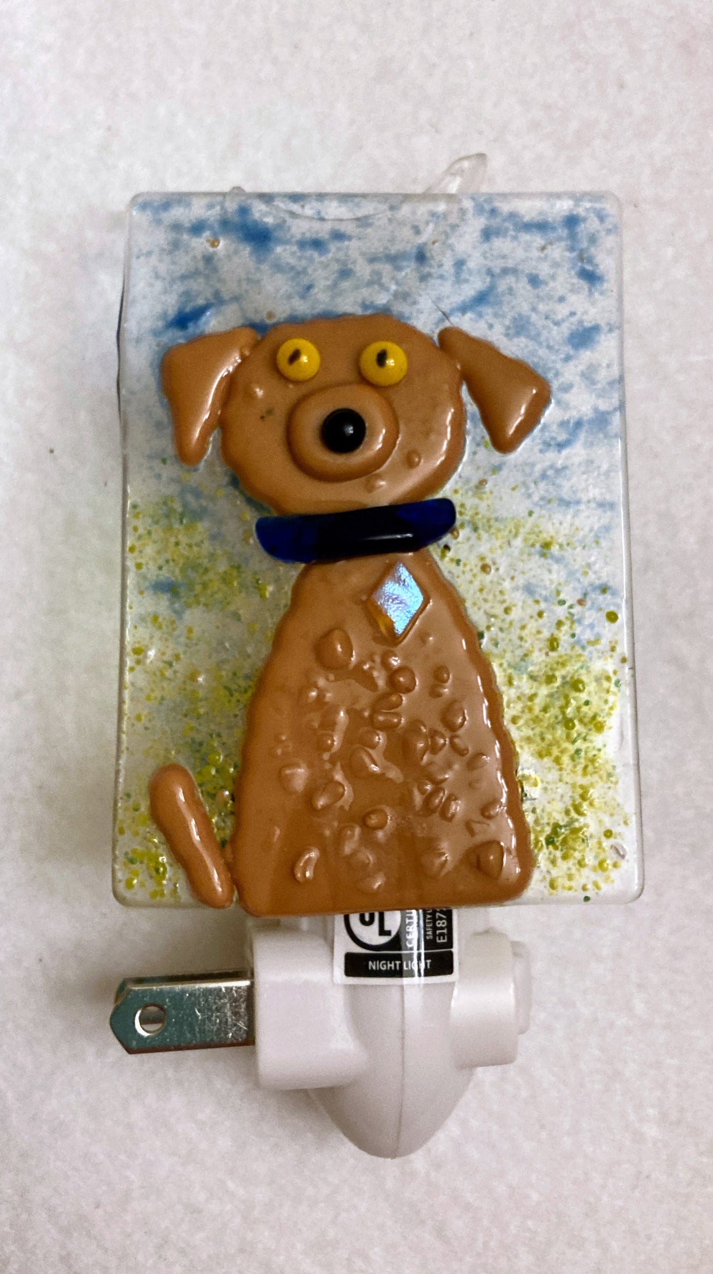 " Man's Best Friend" Brown Dog And Blue Collar Fused Glass Nightlight