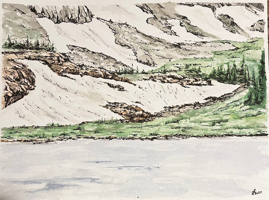 Watercolor and ink painting of the snow fields in the Snowy Range Mountains just west of Laramie Wyoming. the snow sticks around most of the year as it is hidden in the shadows of the rock