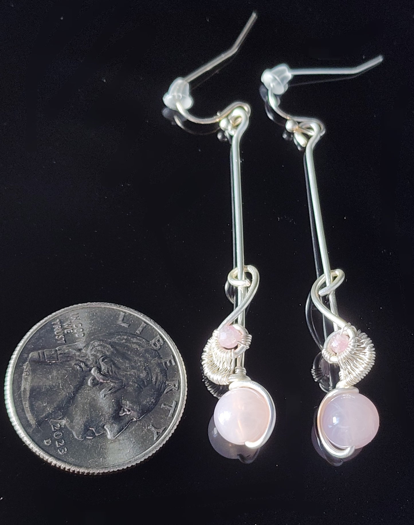 Rose Quartz Sphere and Tourmaline Bead Dangle Earrings