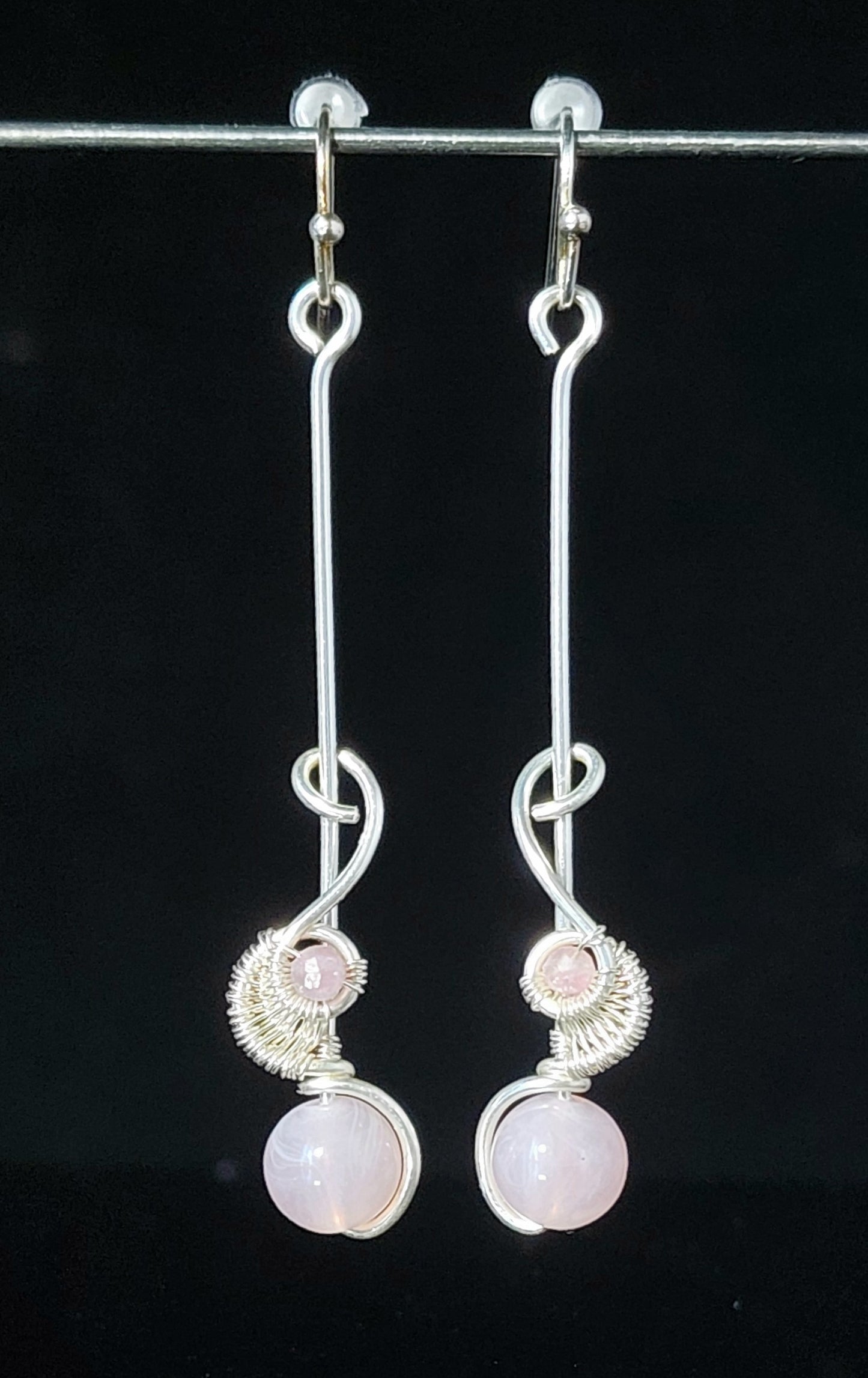 Rose Quartz Sphere and Tourmaline Bead Dangle Earrings