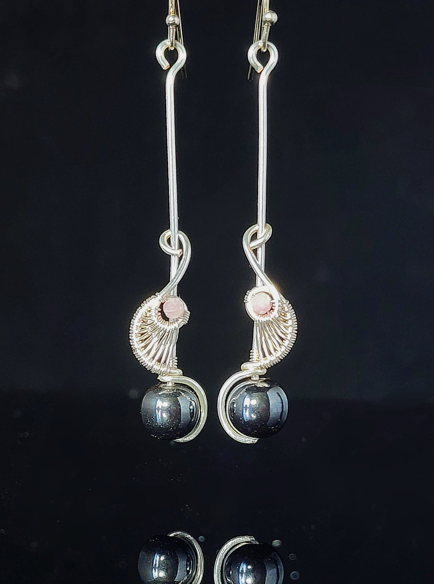 Hematite Sphere and Tourmaline Bead Dangle Earrings