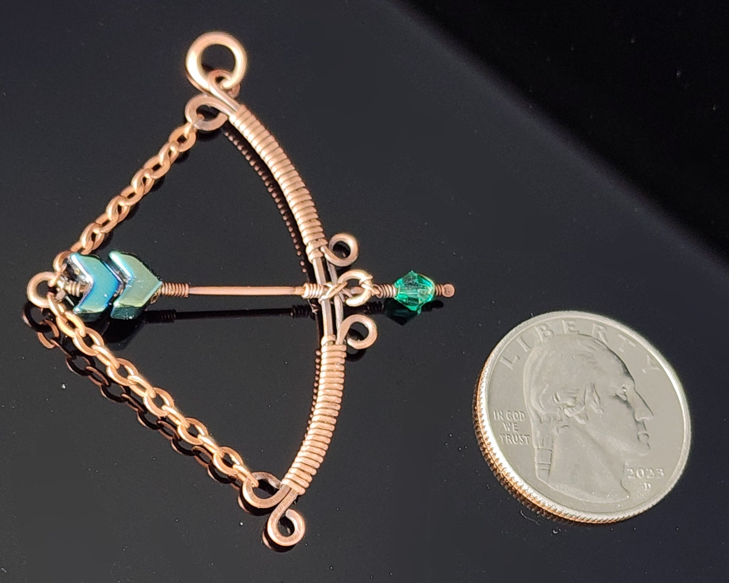 Bow and Arrow Pendant with Green Beads