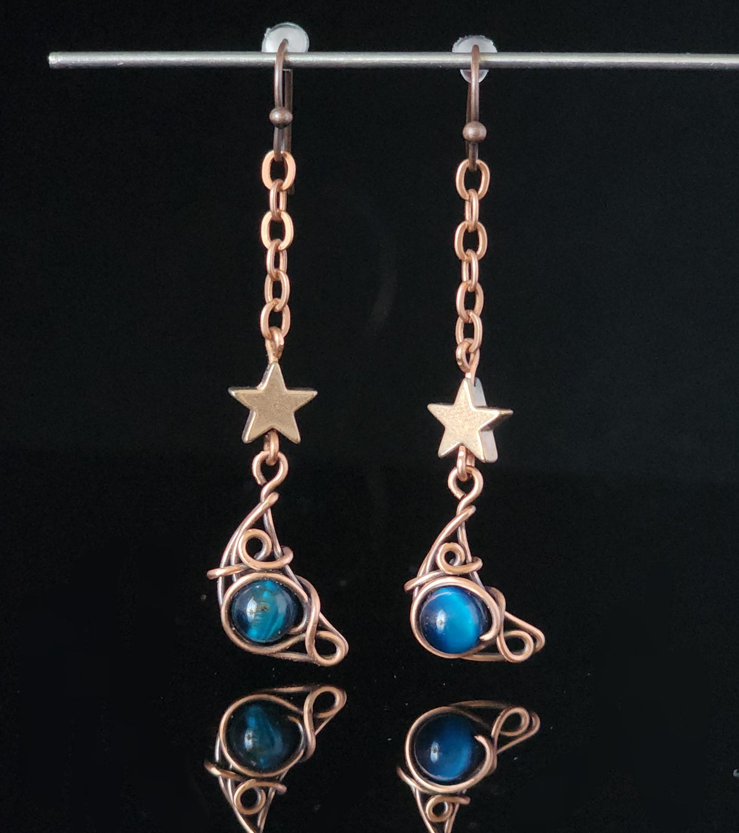 Moon and Stars with Blue Tiger's Eye Earrings