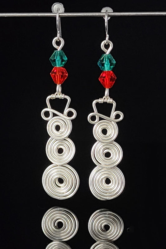 Spiral Snowman Red and Green Earrings