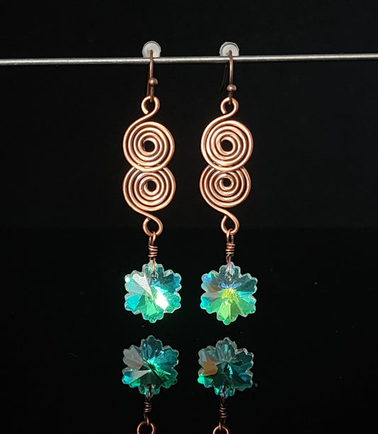 Crystal Snowflake Two Spiral Copper Earrings