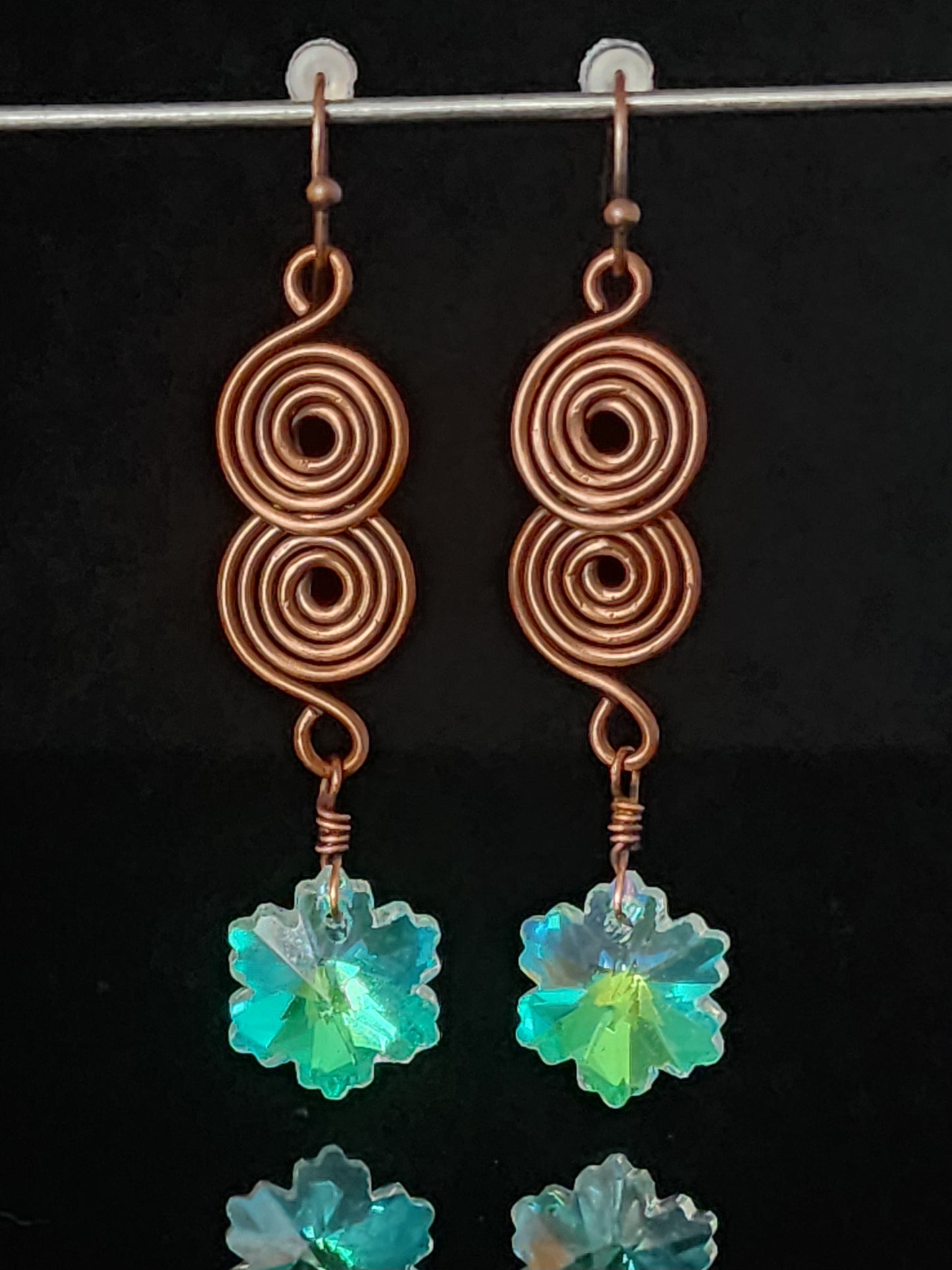 Crystal Snowflake Two Spiral Copper Earrings