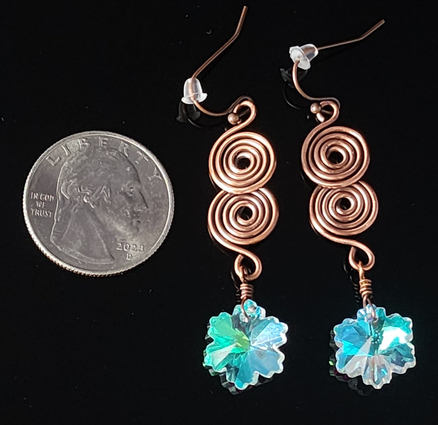 Crystal Snowflake Two Spiral Copper Earrings