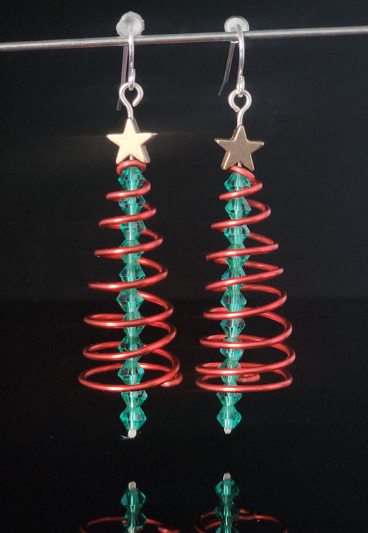 Spiral Red Christmas Tree Earrings